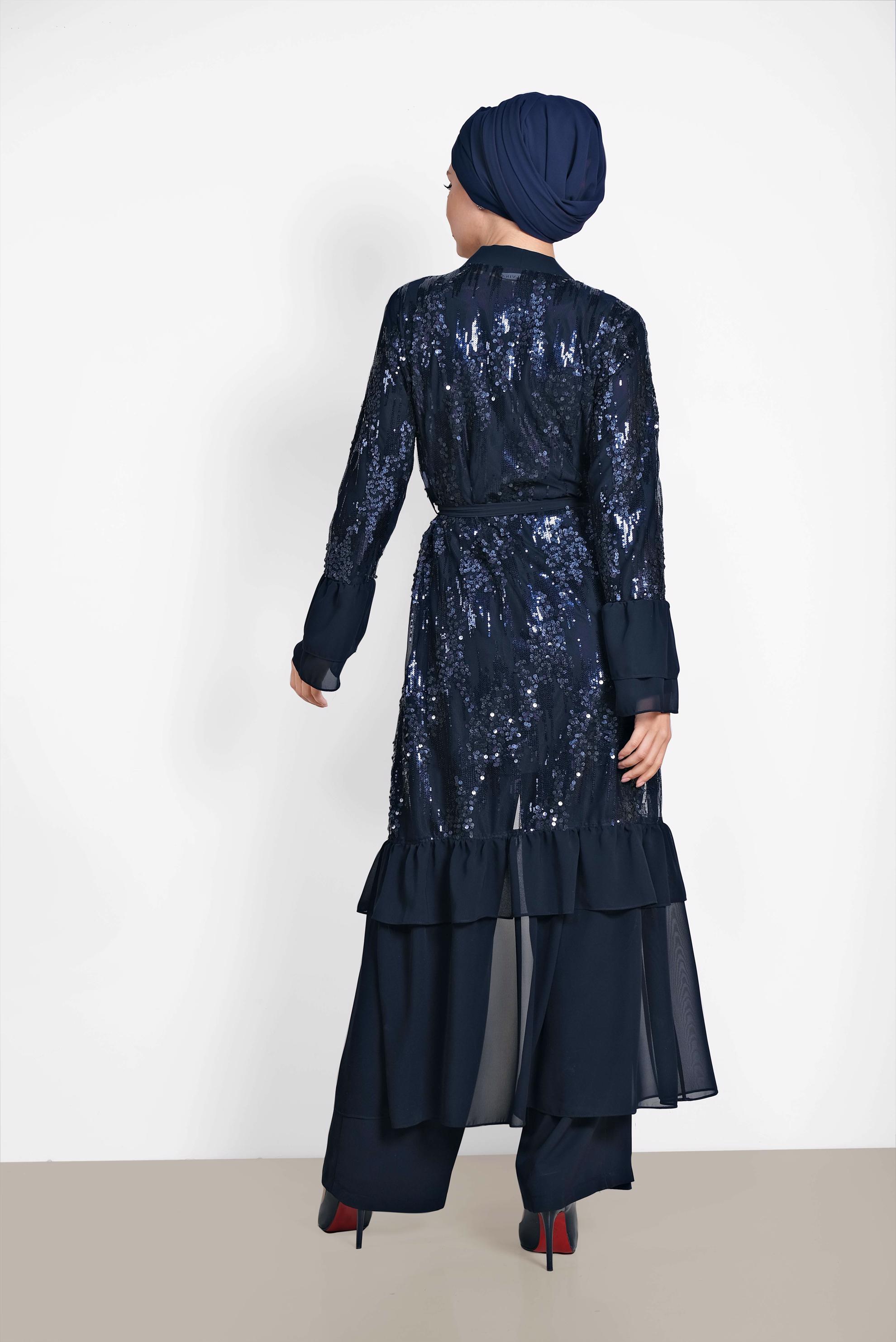 Tesettür giyim LACİVERT ŞİFON VE PUL PAYET DETAYLI ÜÇLÜ PANTOLONLU TAKIM 3554