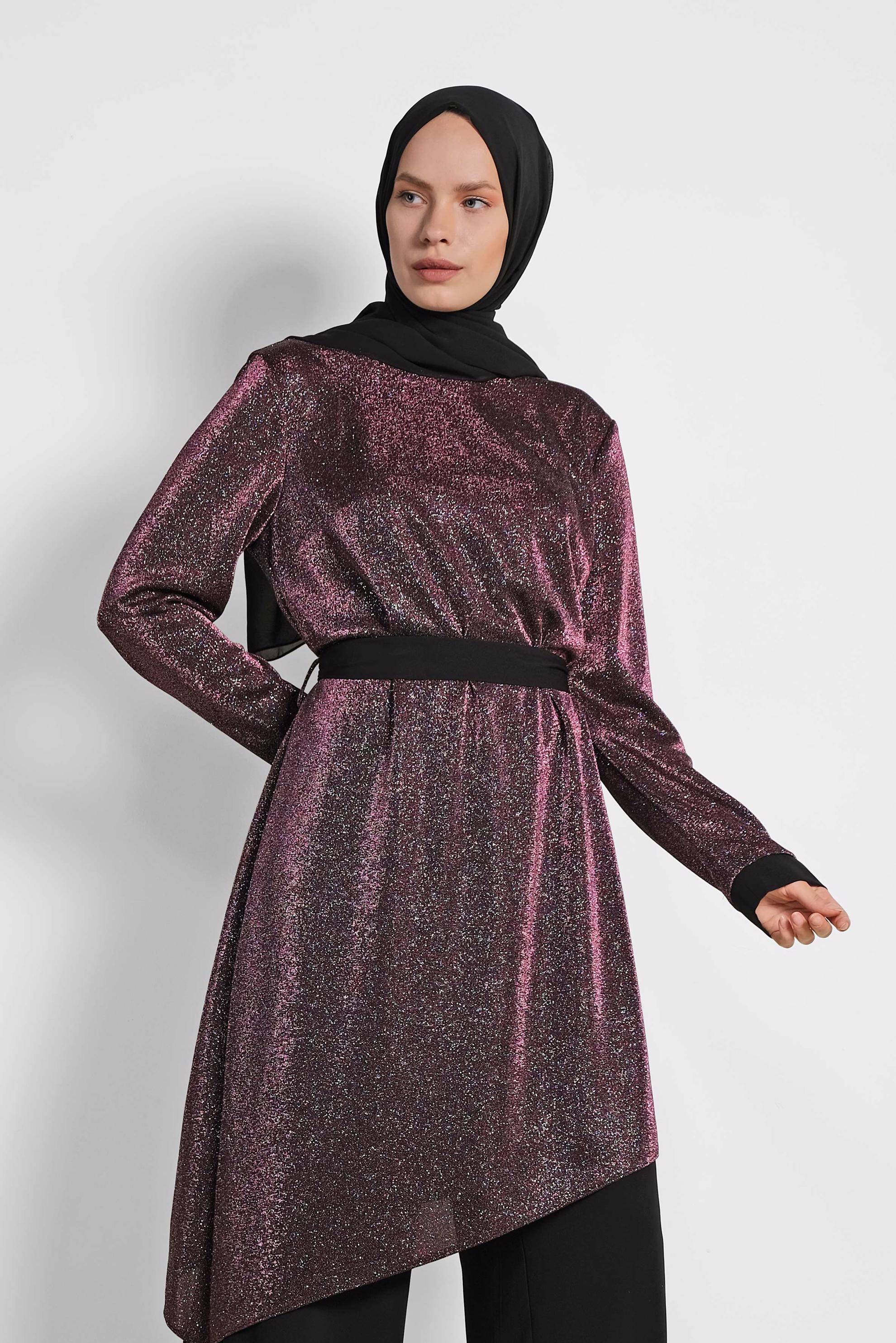 Tesettür giyim MÜRDÜM ASİMETRİK KESİM SİMLİ İKİLİ PANT. TAKIM 3558 