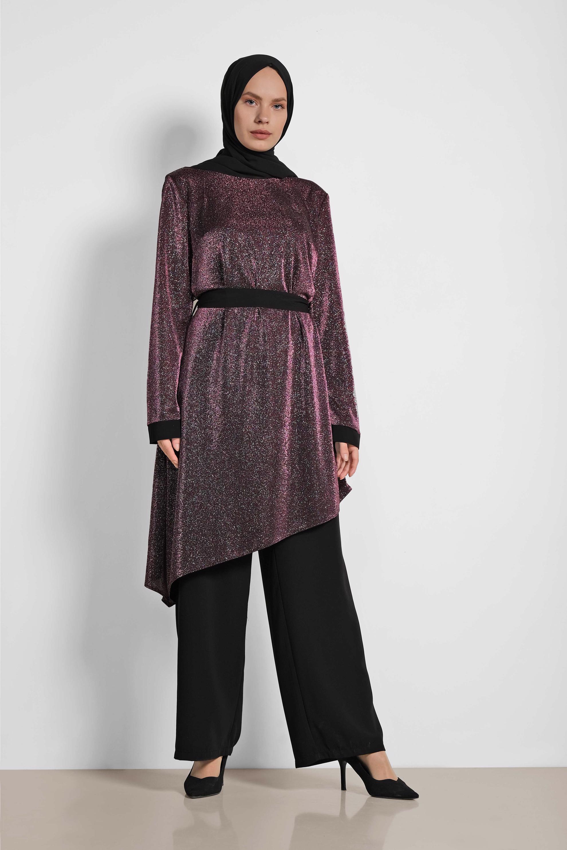 Tesettür giyim MÜRDÜM ASİMETRİK KESİM SİMLİ İKİLİ PANT. TAKIM 3558 