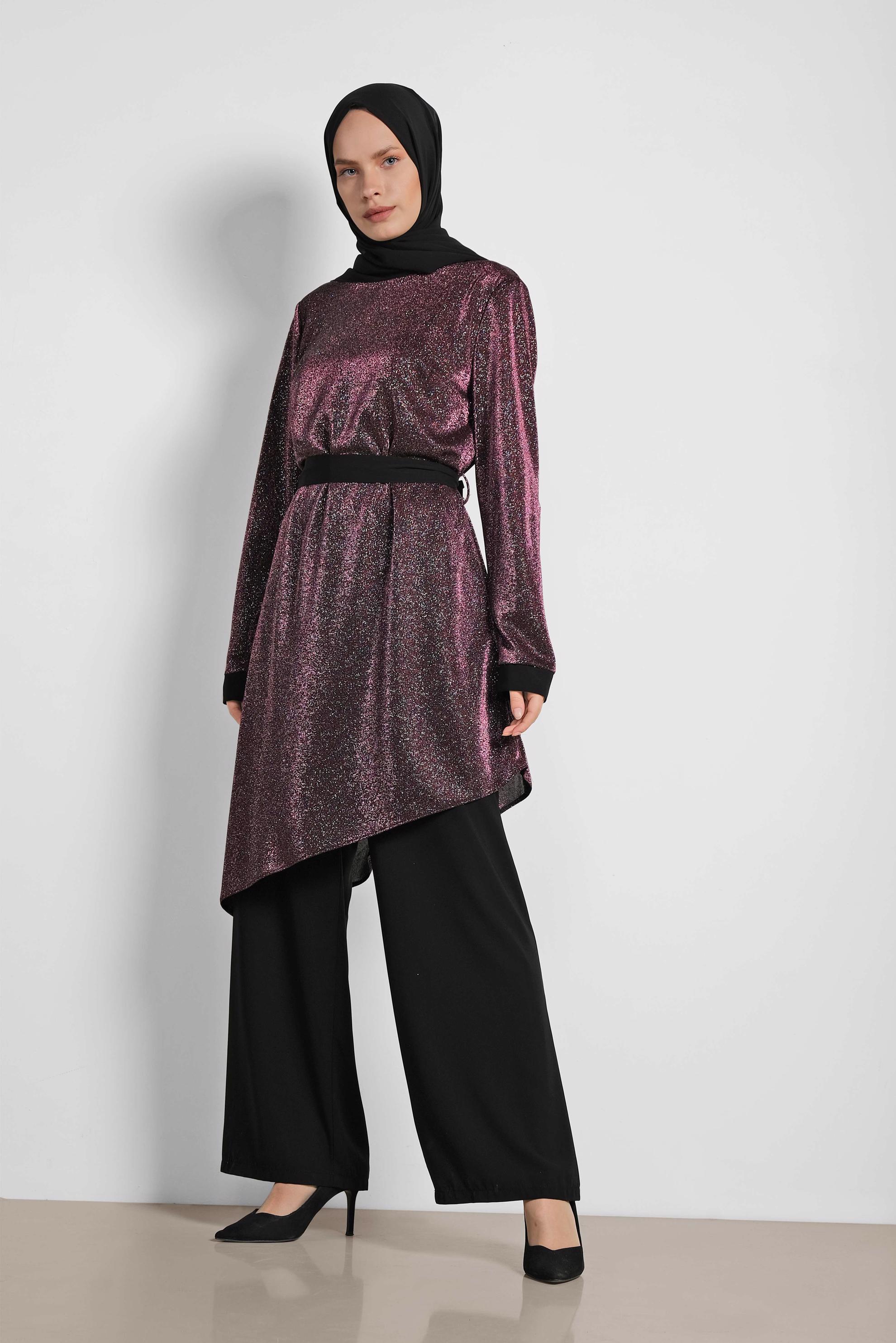 Tesettür giyim MÜRDÜM ASİMETRİK KESİM SİMLİ İKİLİ PANT. TAKIM 3558 