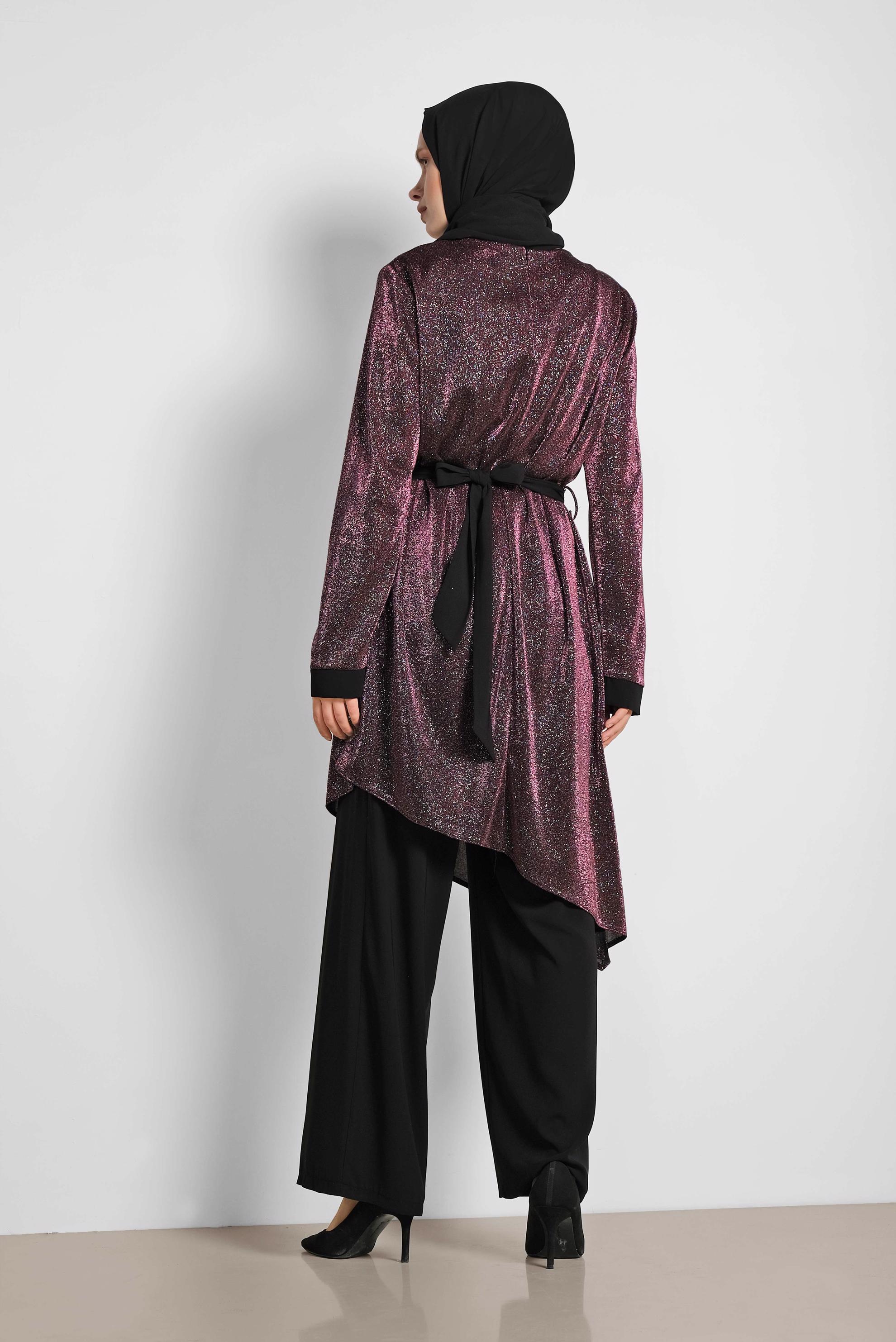 Tesettür giyim MÜRDÜM ASİMETRİK KESİM SİMLİ İKİLİ PANT. TAKIM 3558 