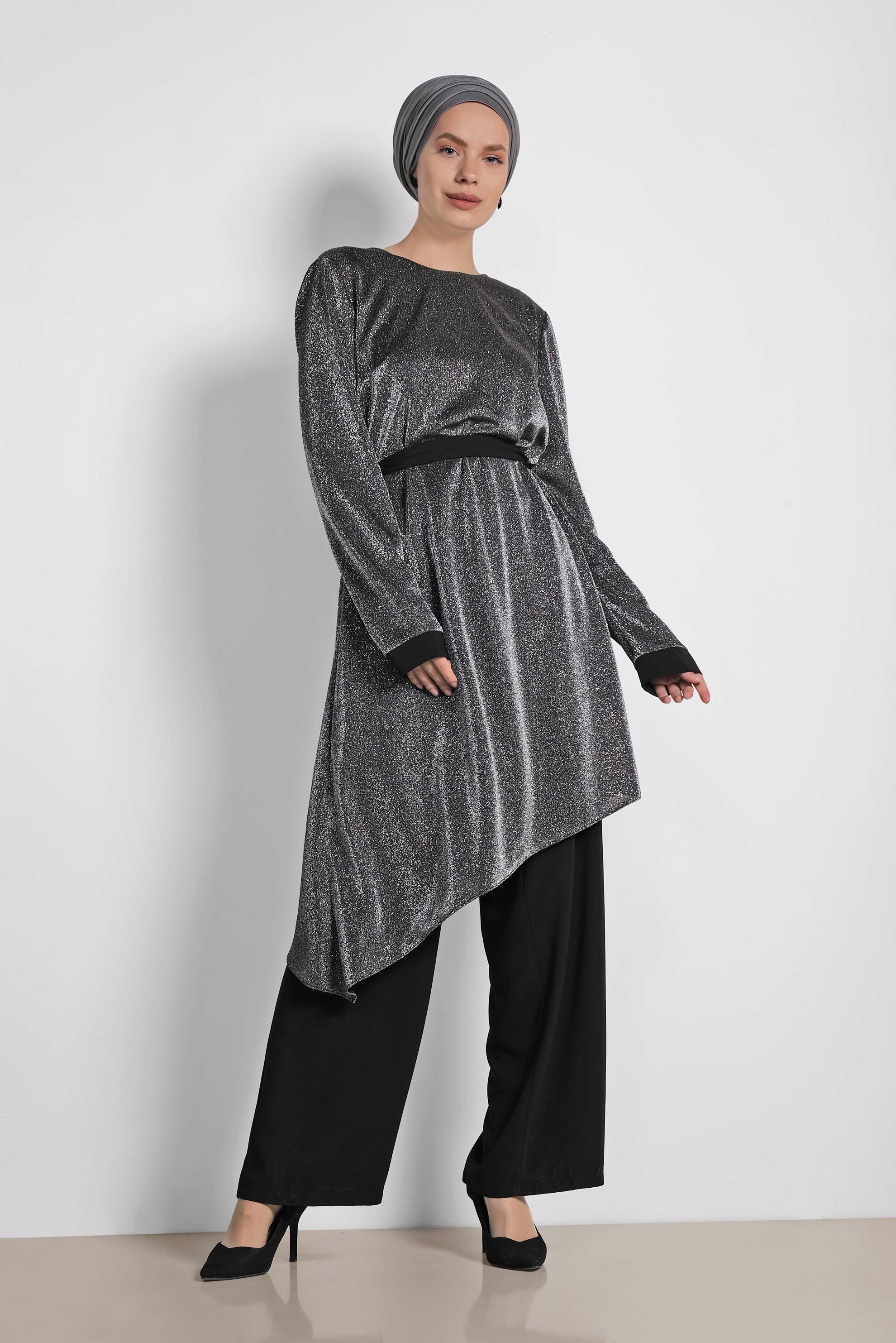 Tesettür giyim GRİ ASİMETRİK KESİM SİMLİ İKİLİ PANT. TAKIM 3558 