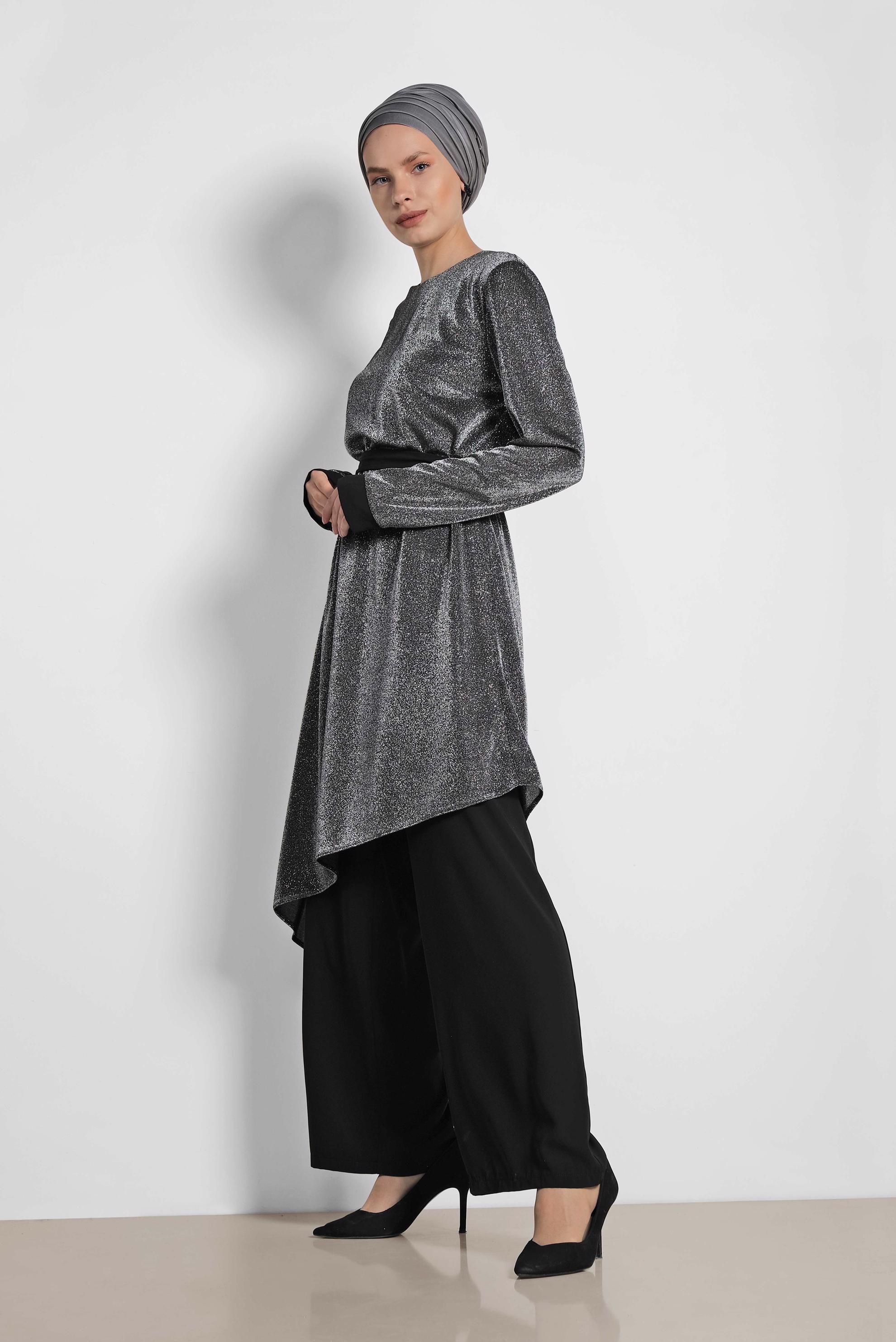 Tesettür giyim GRİ ASİMETRİK KESİM SİMLİ İKİLİ PANT. TAKIM 3558 