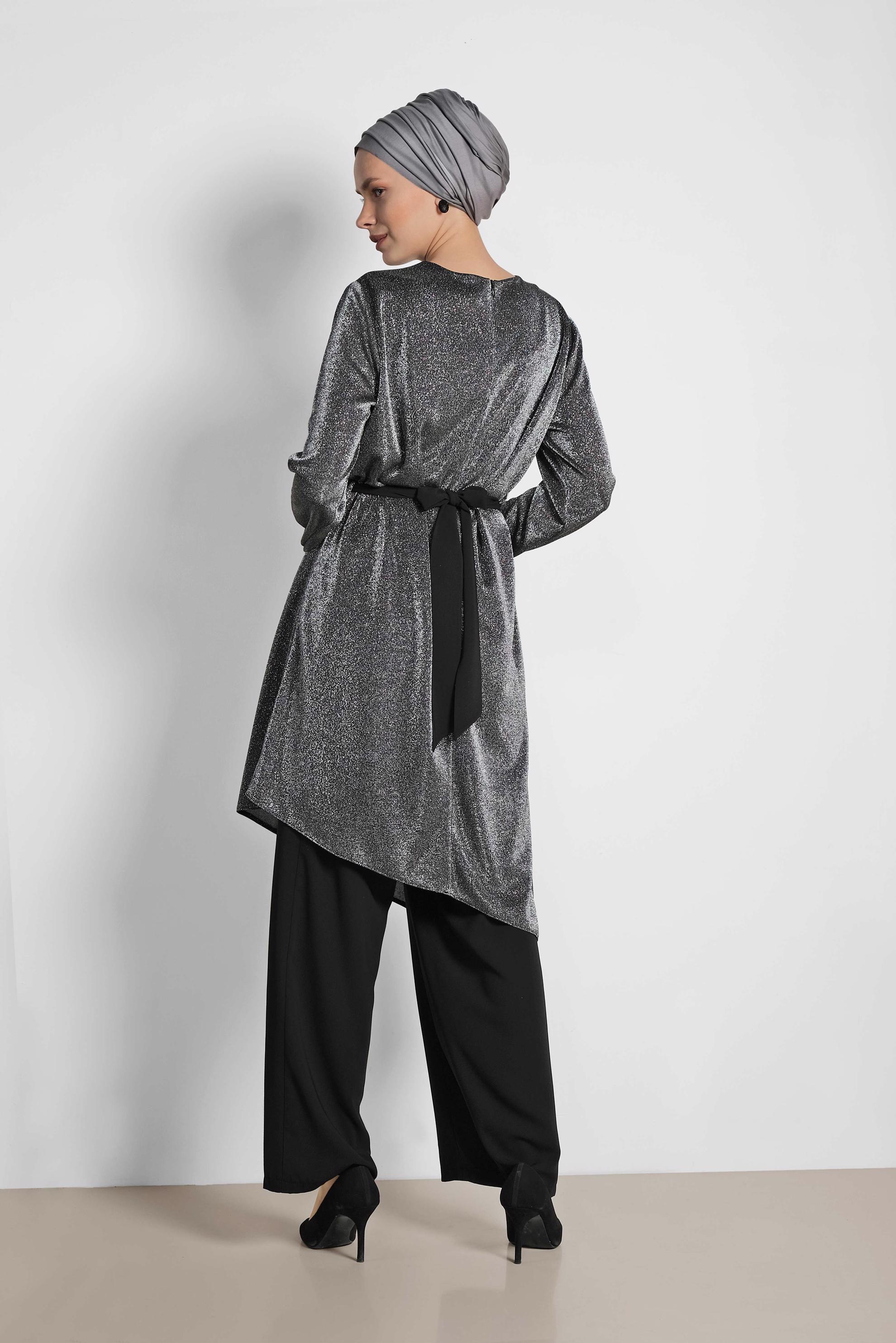 Tesettür giyim GRİ ASİMETRİK KESİM SİMLİ İKİLİ PANT. TAKIM 3558 