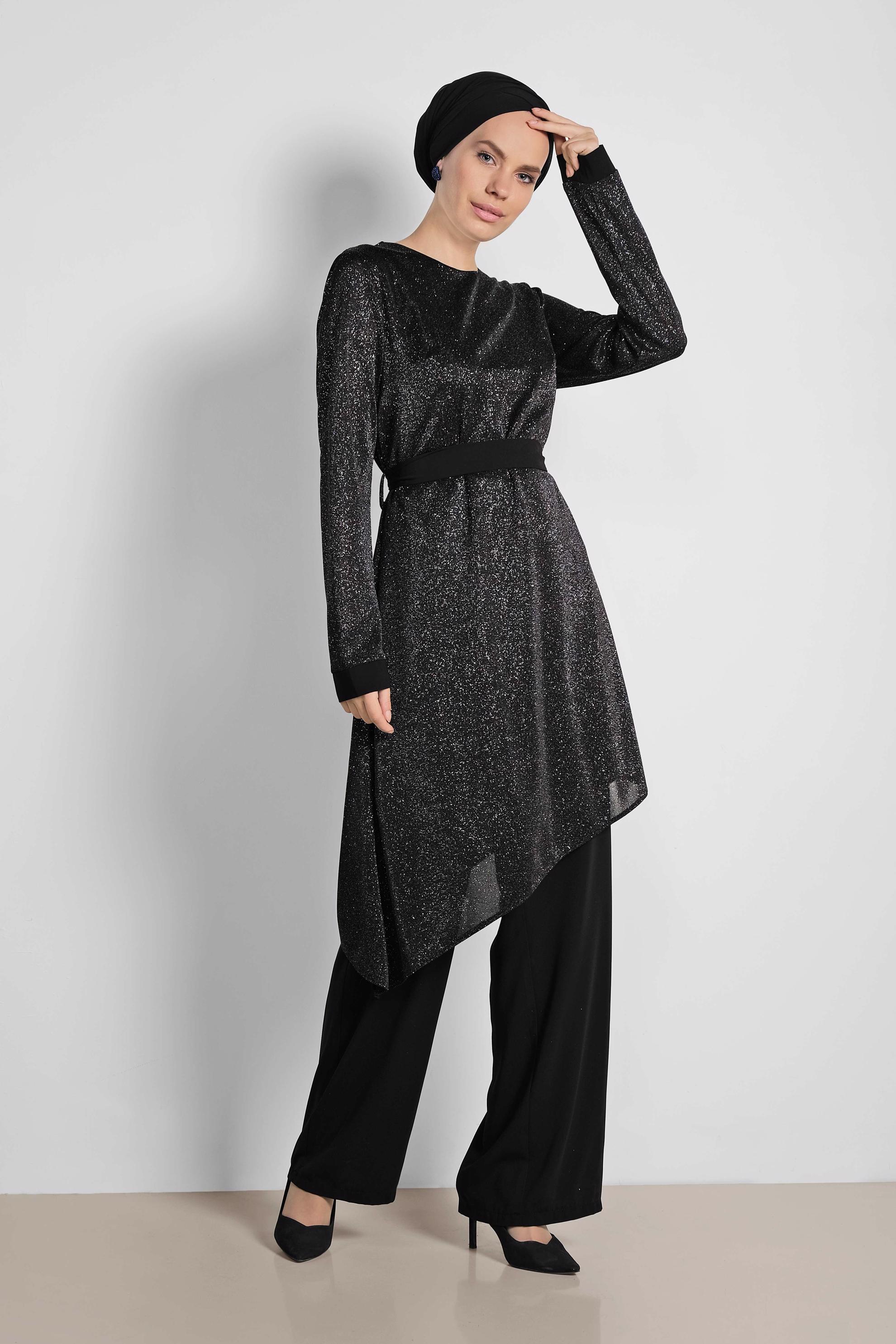 Tesettür giyim SİYAH ASİMETRİK KESİM SİMLİ İKİLİ PANT. TAKIM 3558 