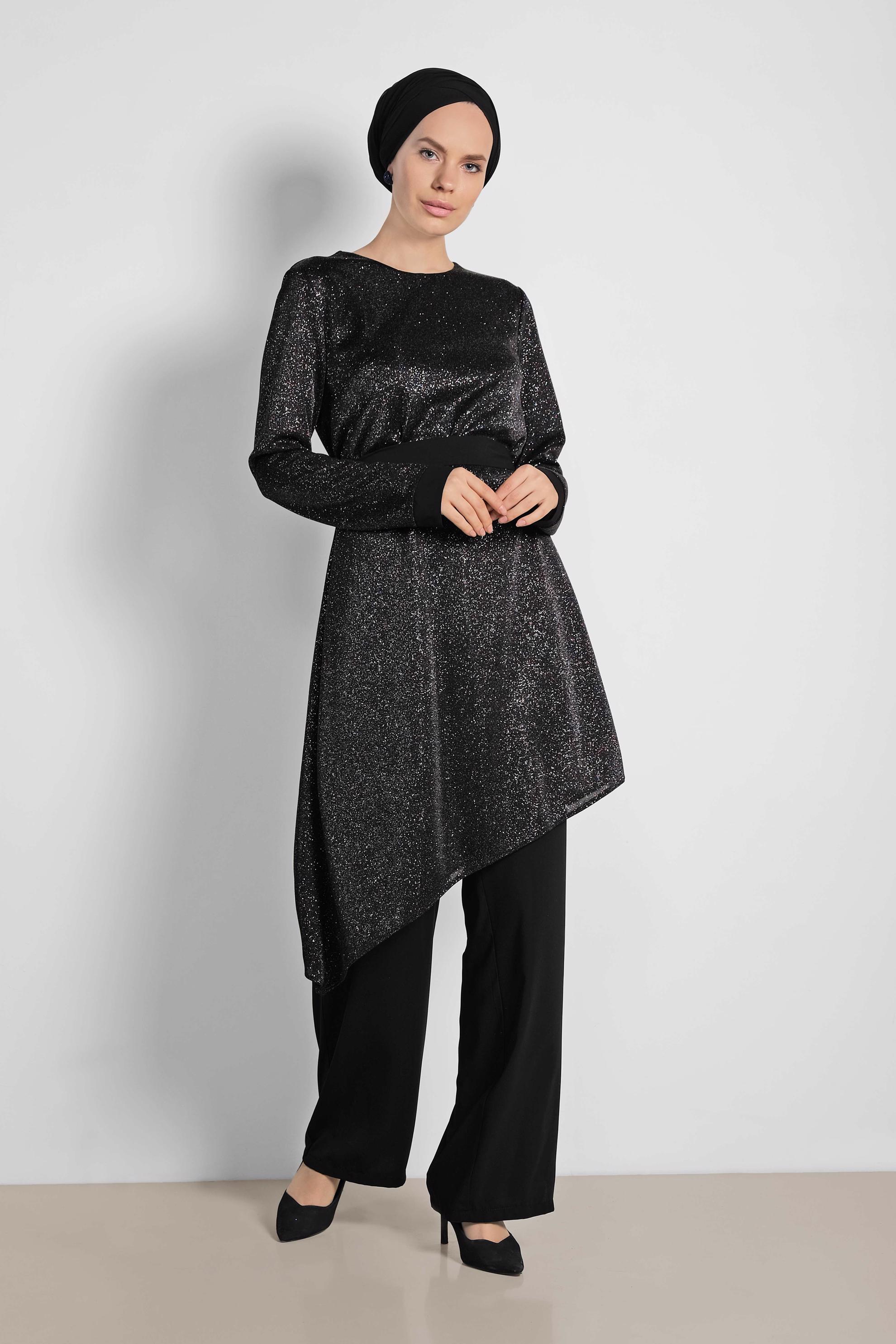 Tesettür giyim SİYAH ASİMETRİK KESİM SİMLİ İKİLİ PANT. TAKIM 3558 