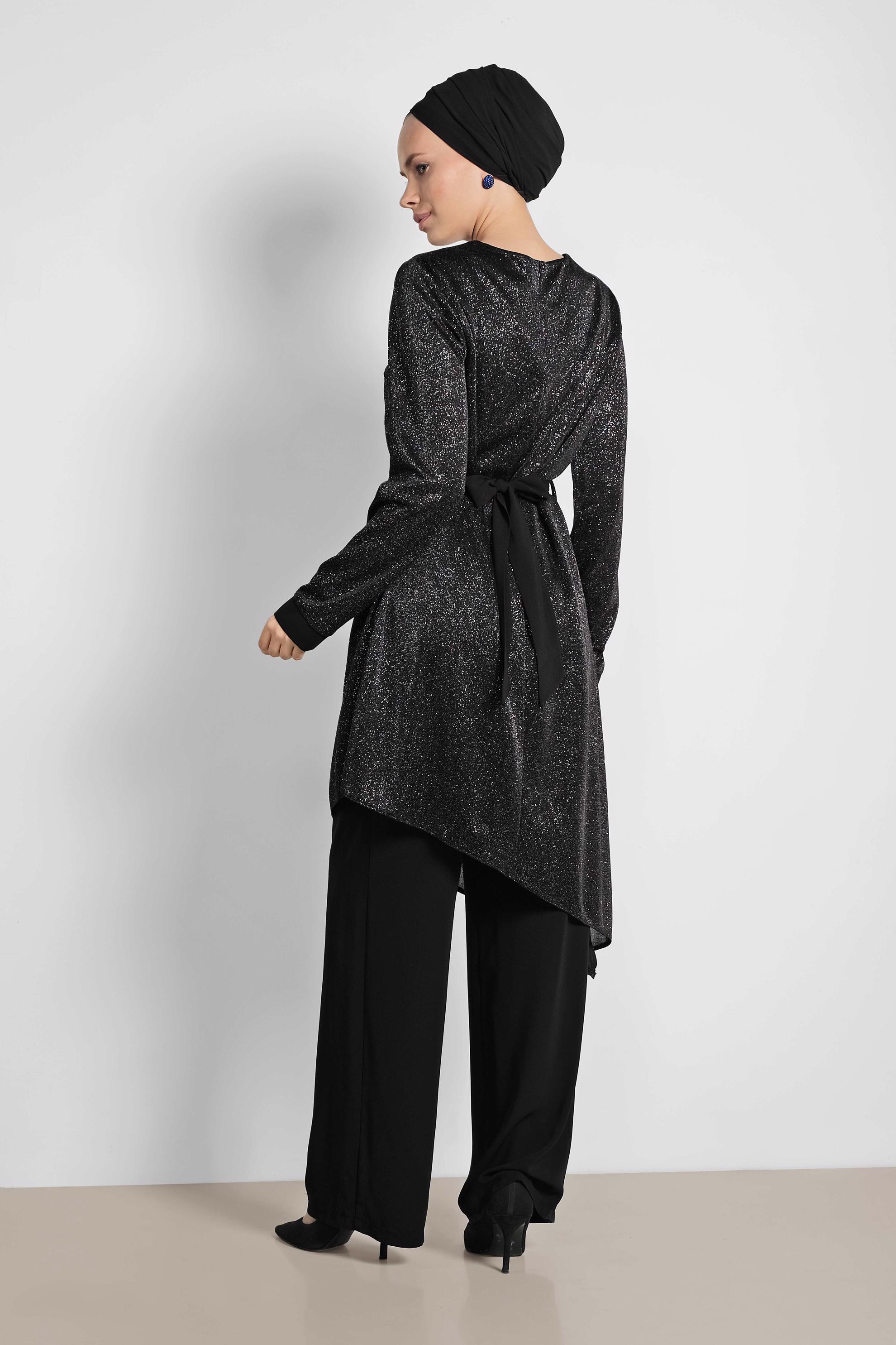 Tesettür giyim SİYAH ASİMETRİK KESİM SİMLİ İKİLİ PANT. TAKIM 3558 