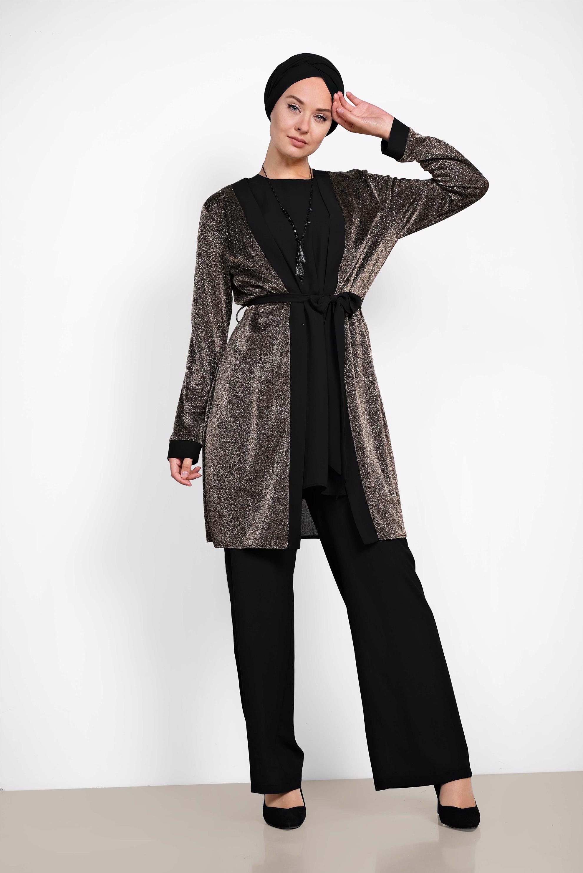 Tesettür giyim ALTIN SİMLİ KUŞAKLI ÜÇLÜ PANT. TAKIM 3560 