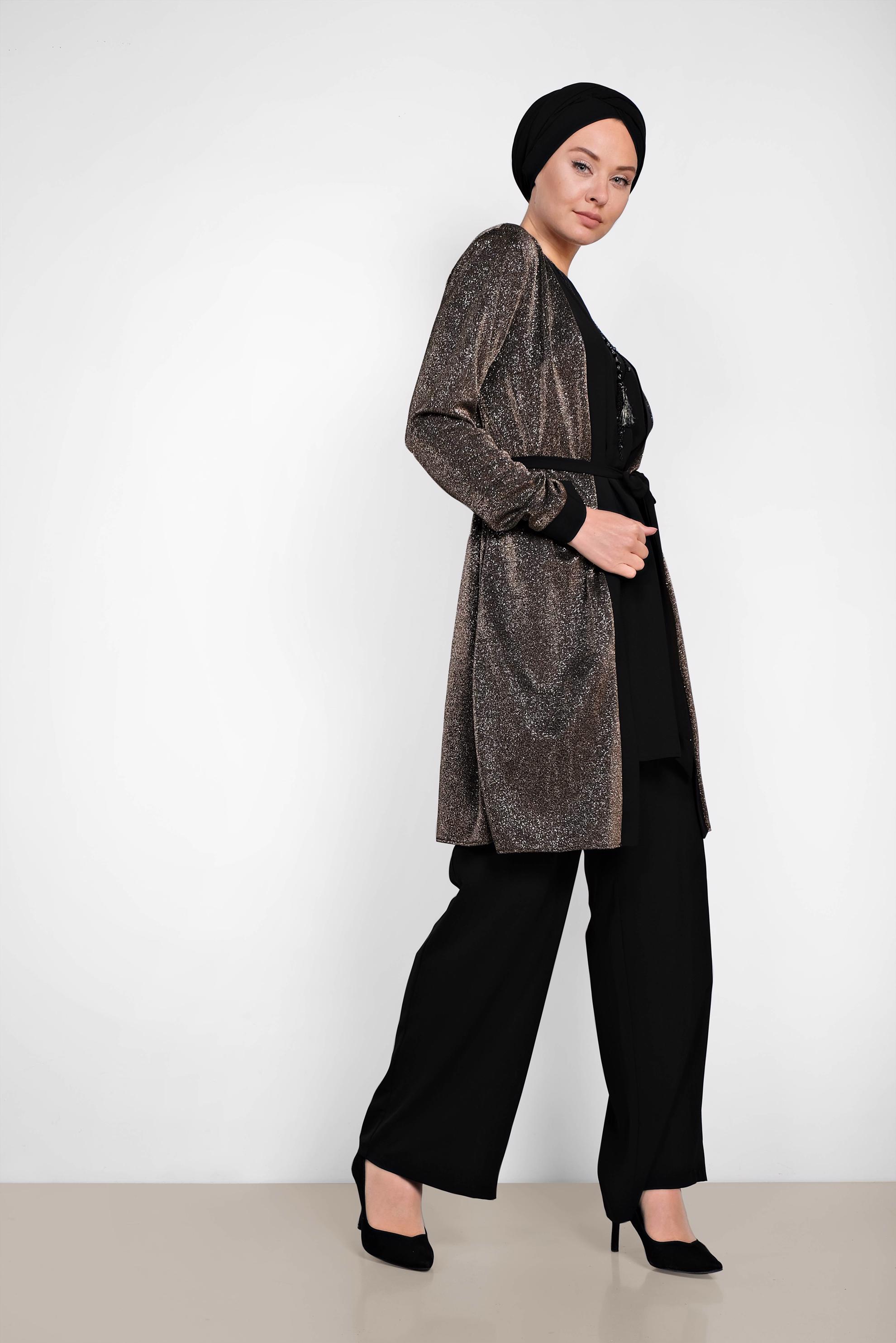 Tesettür giyim ALTIN SİMLİ KUŞAKLI ÜÇLÜ PANT. TAKIM 3560 