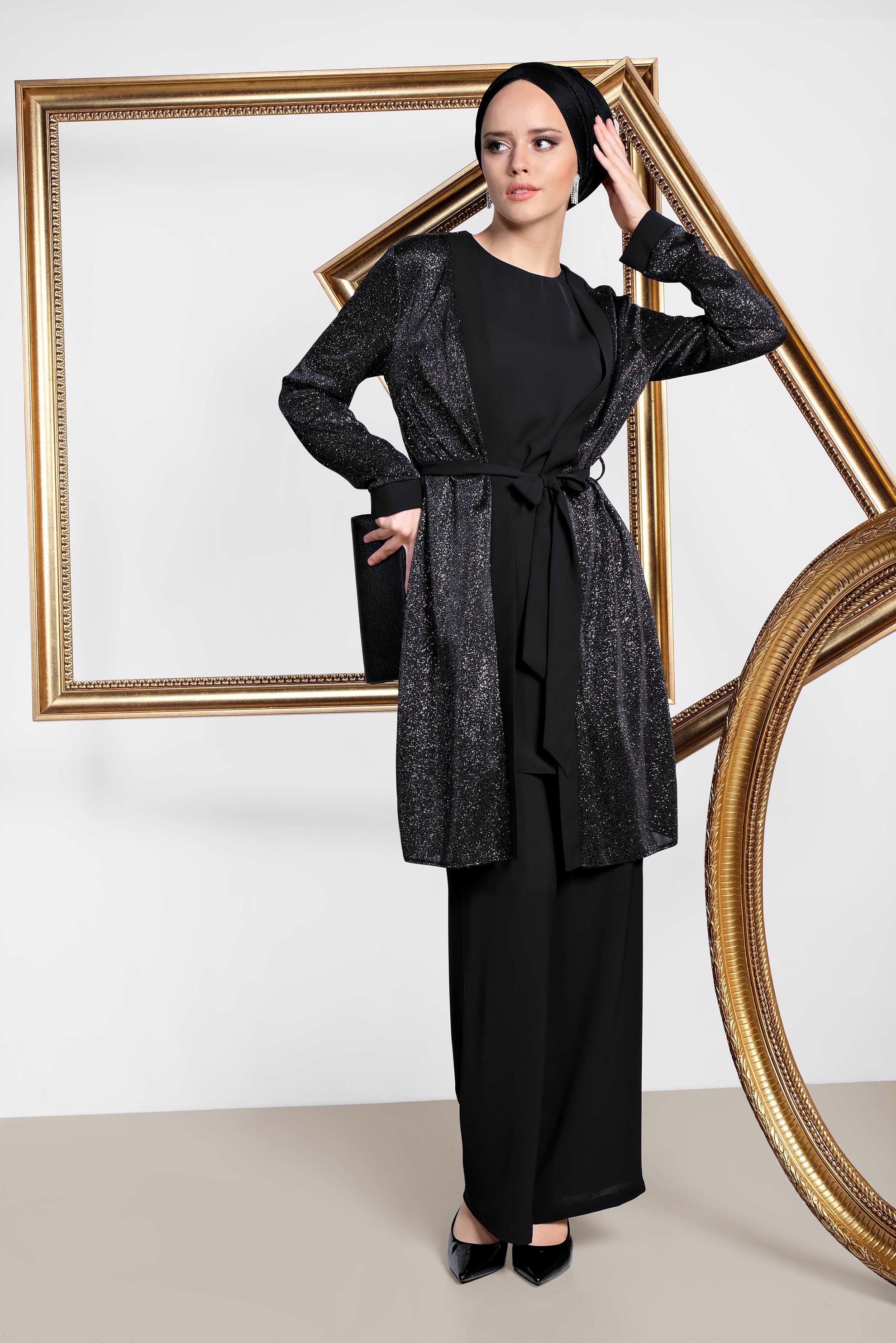 Tesettür giyim SİYAH SİMLİ KUŞAKLI ÜÇLÜ PANT. TAKIM 3560 