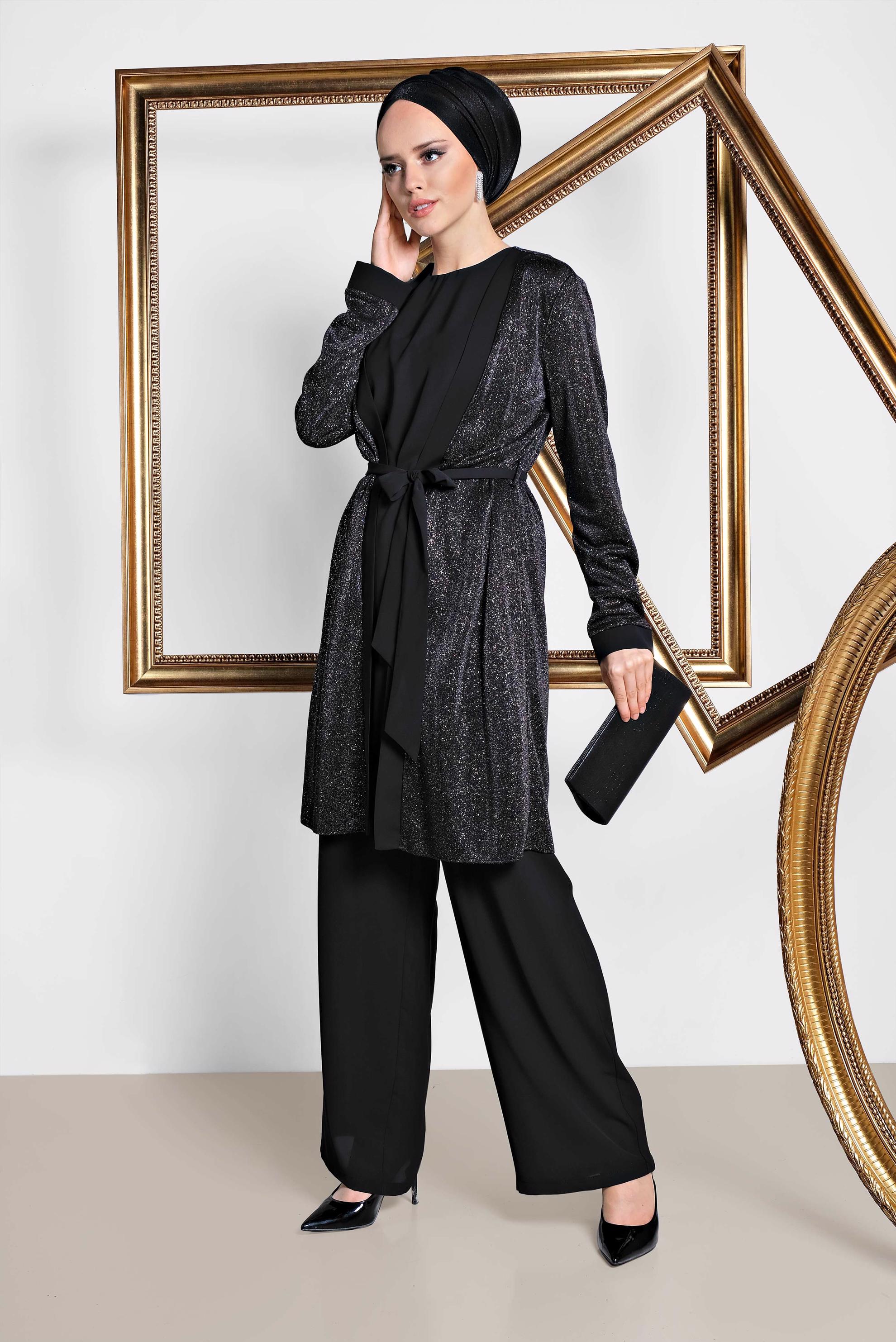 Tesettür giyim SİYAH SİMLİ KUŞAKLI ÜÇLÜ PANT. TAKIM 3560 
