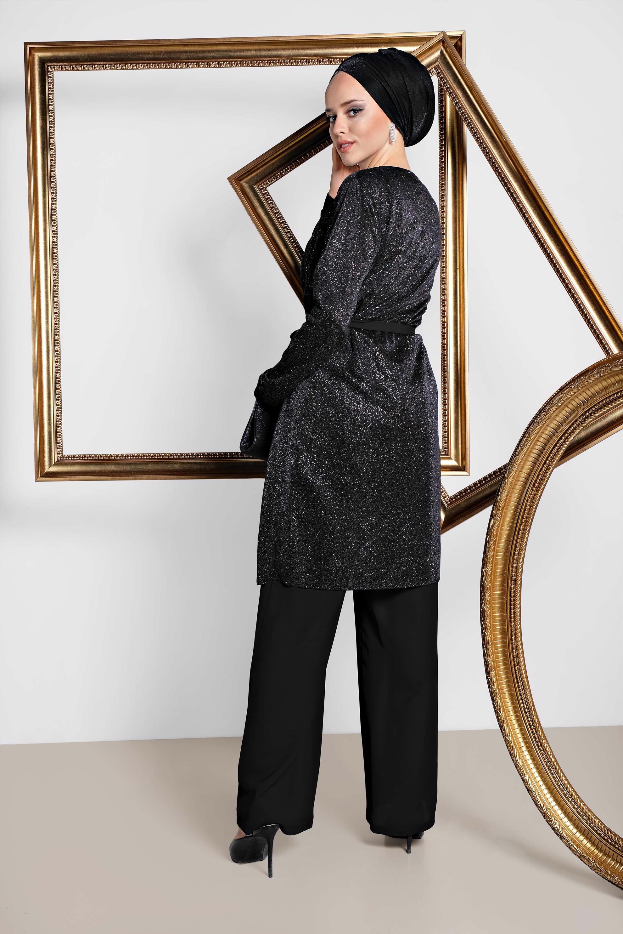 Tesettür giyim SİYAH SİMLİ KUŞAKLI ÜÇLÜ PANT. TAKIM 3560 