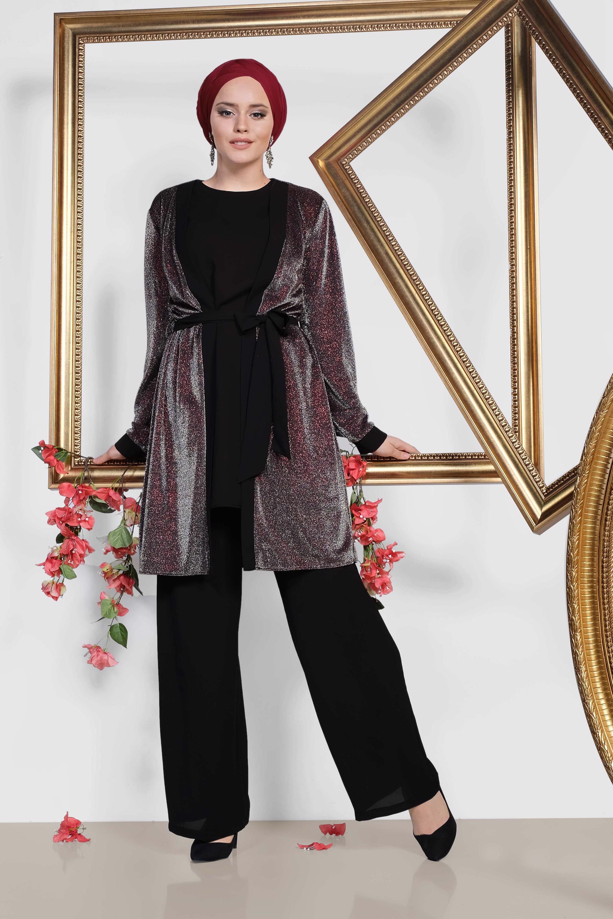 Tesettür giyim BORDO SİMLİ KUŞAKLI ÜÇLÜ PANT. TAKIM 3560 