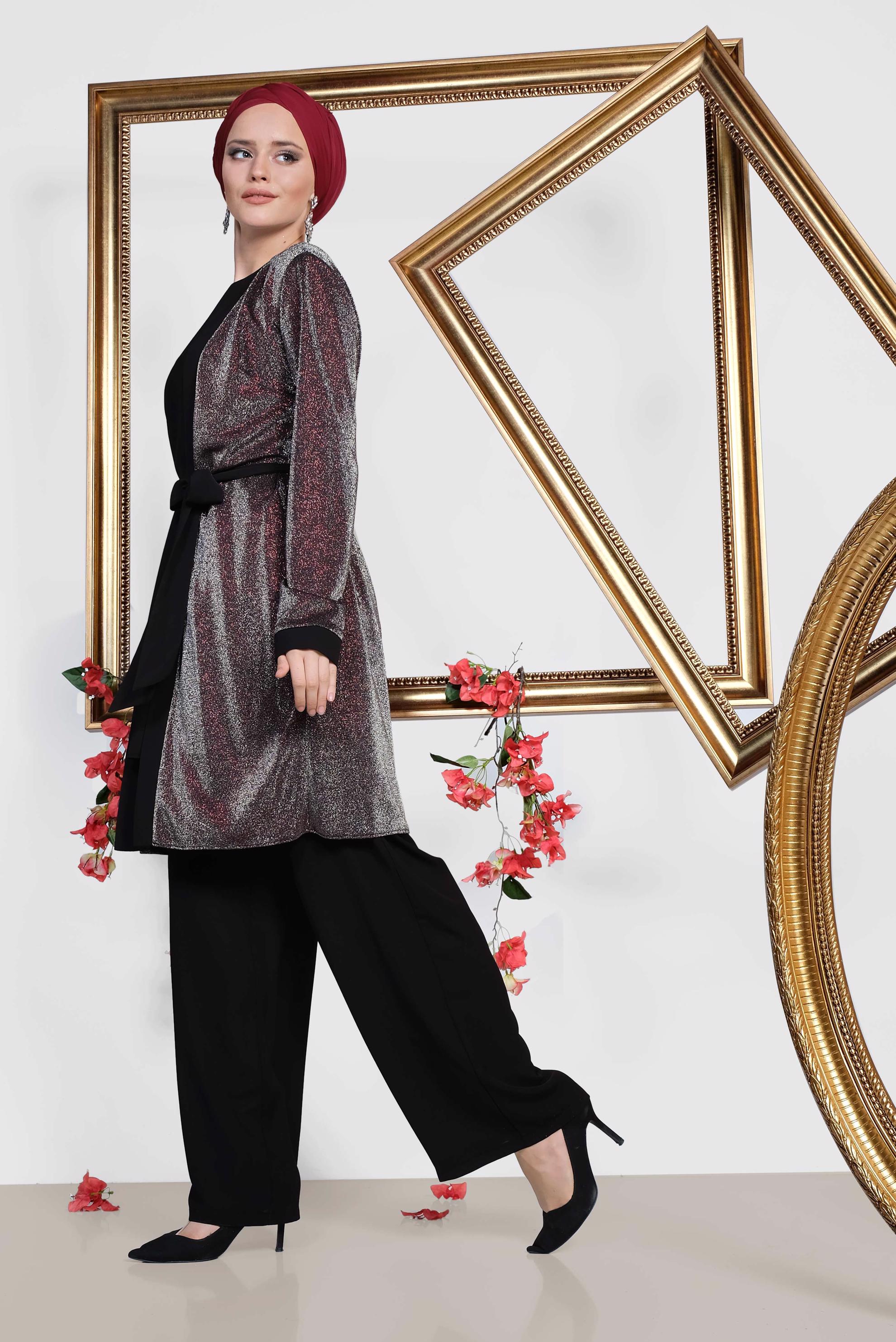 Tesettür giyim BORDO SİMLİ KUŞAKLI ÜÇLÜ PANT. TAKIM 3560 