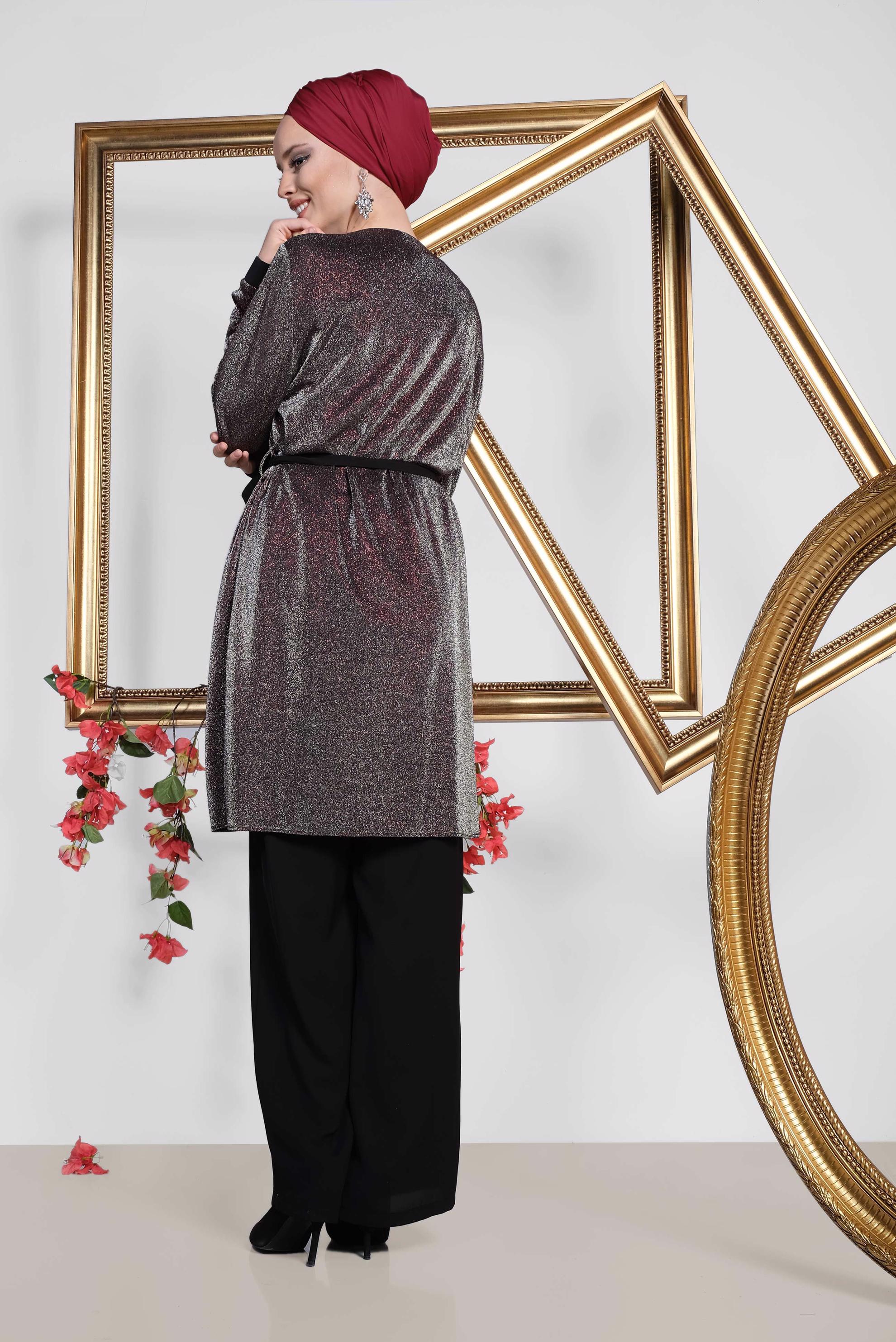 Tesettür giyim BORDO SİMLİ KUŞAKLI ÜÇLÜ PANT. TAKIM 3560 