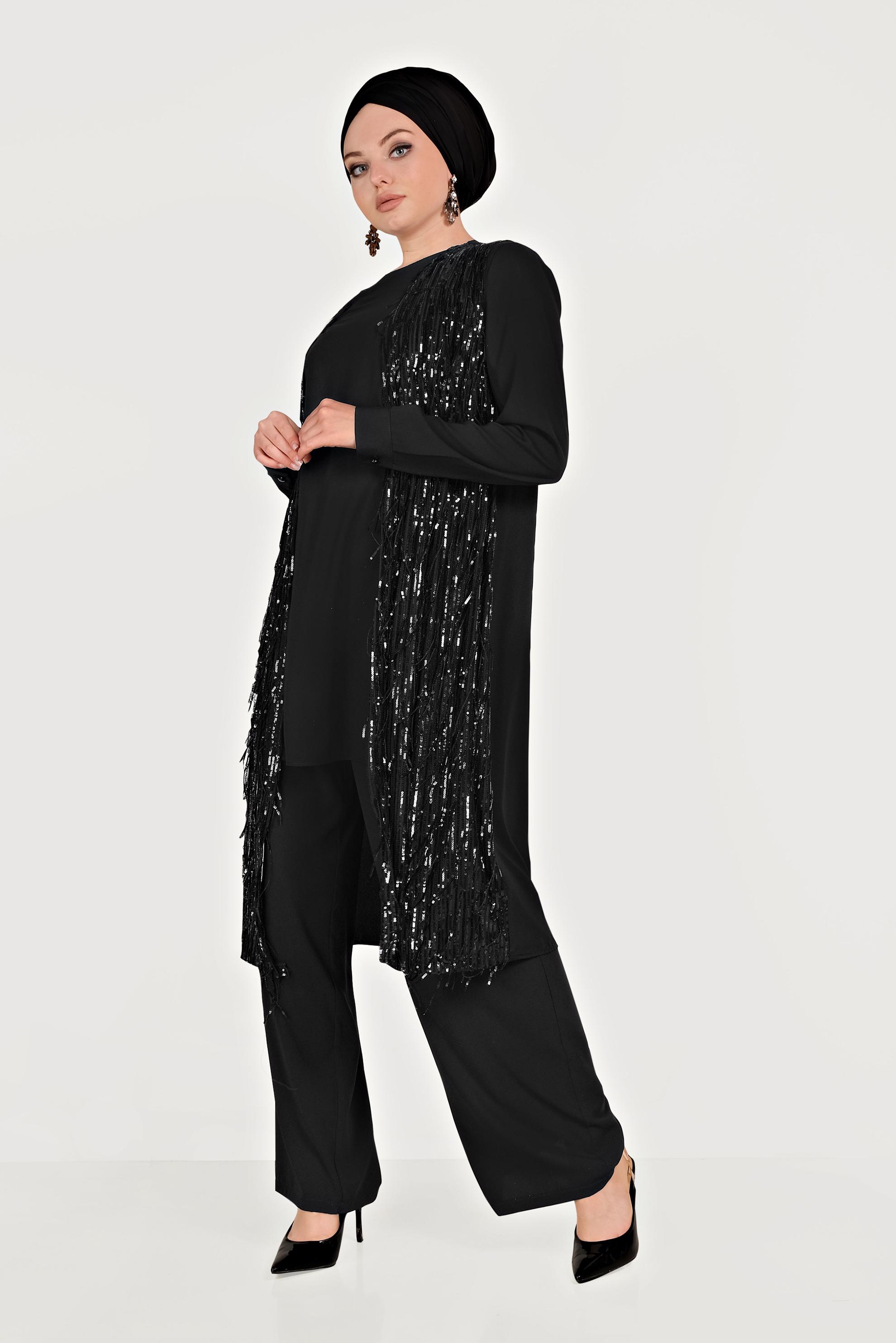 Tesettür giyim SİYAH PUL PAYETLİ ÜÇLÜ PANTOLONLU TAKIM 3564