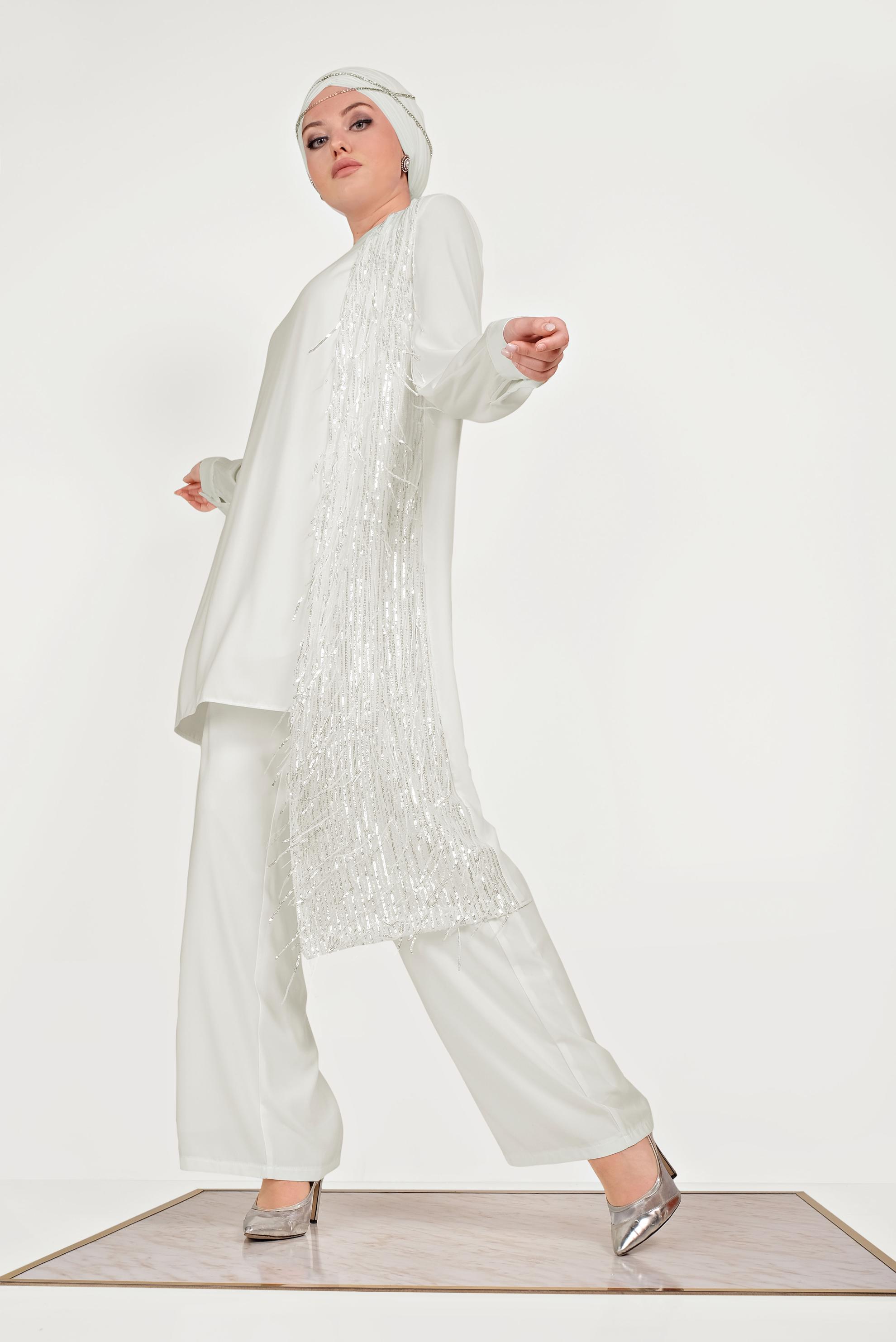Tesettür giyim EKRU PUL PAYETLİ ÜÇLÜ PANTOLONLU TAKIM 3564