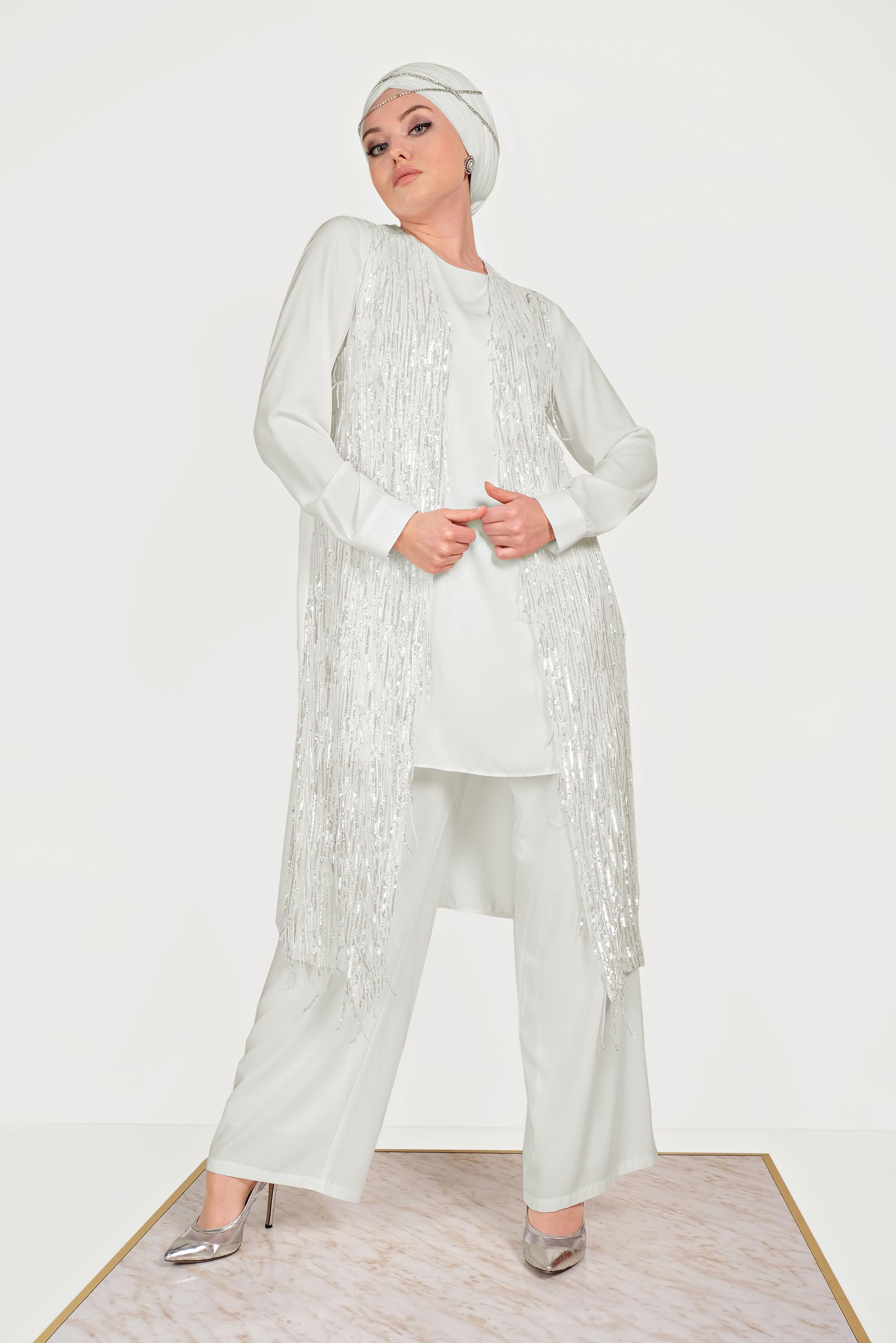 Tesettür giyim EKRU PUL PAYETLİ ÜÇLÜ PANTOLONLU TAKIM 3564