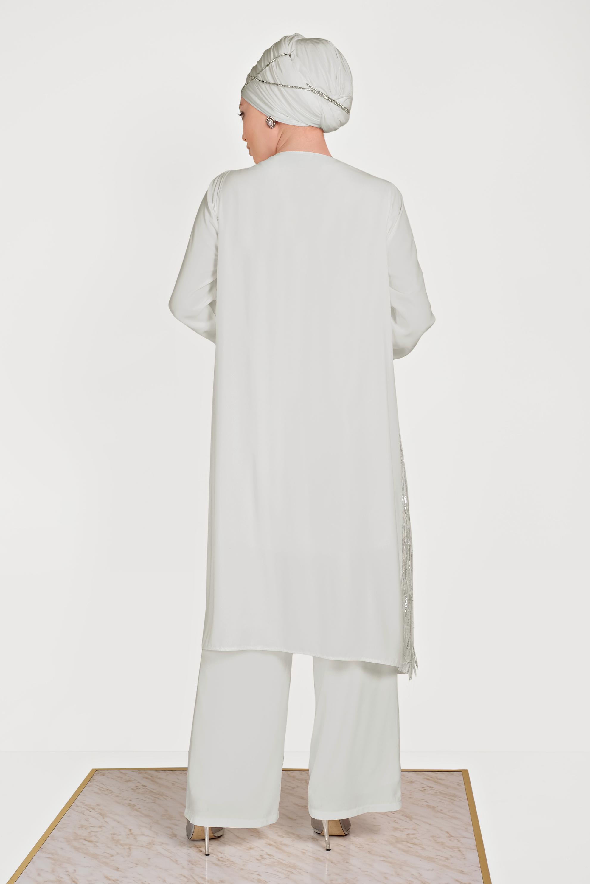 Tesettür giyim EKRU PUL PAYETLİ ÜÇLÜ PANTOLONLU TAKIM 3564