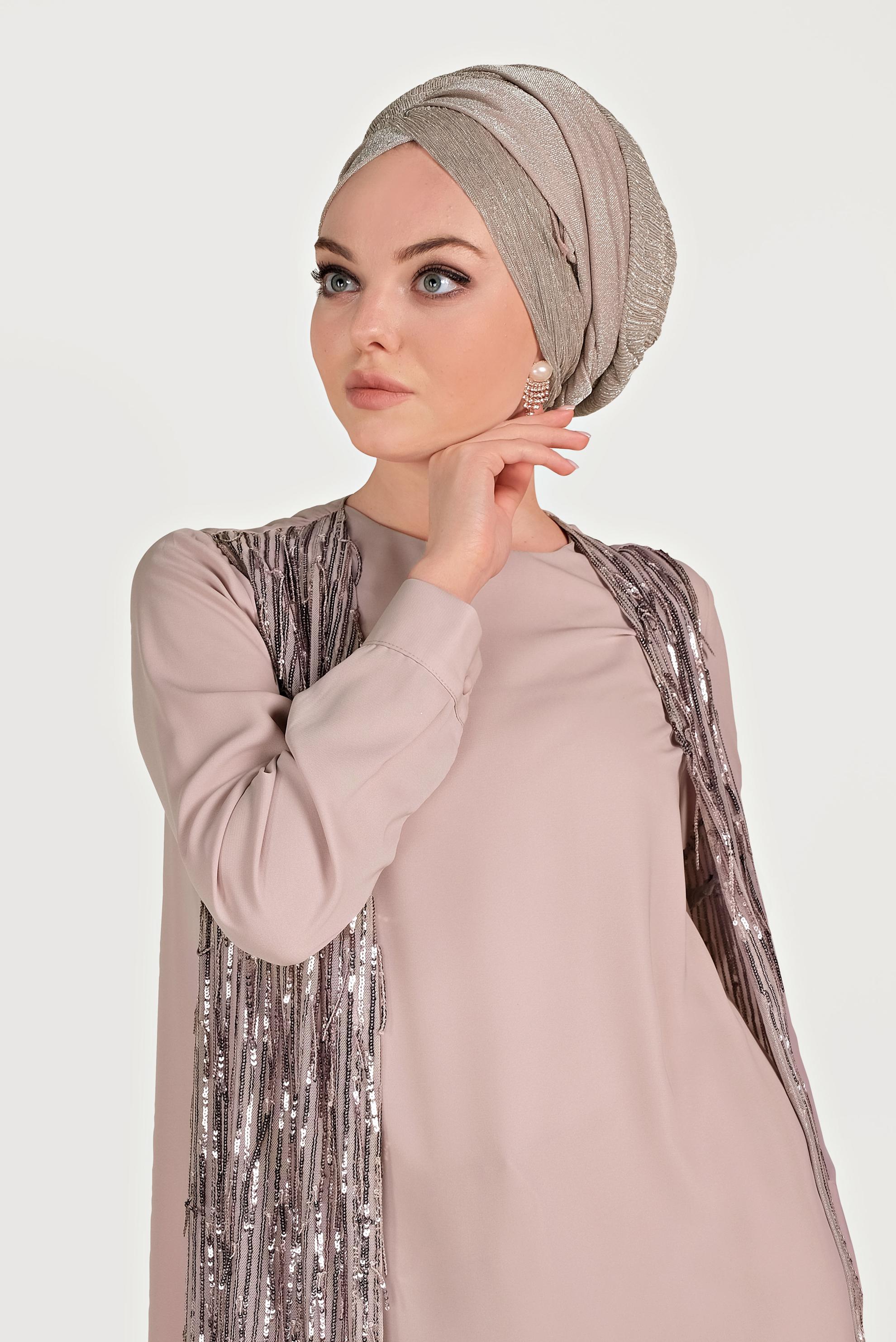 Tesettür giyim PUDRA PUL PAYETLİ ÜÇLÜ PANTOLONLU TAKIM 3564