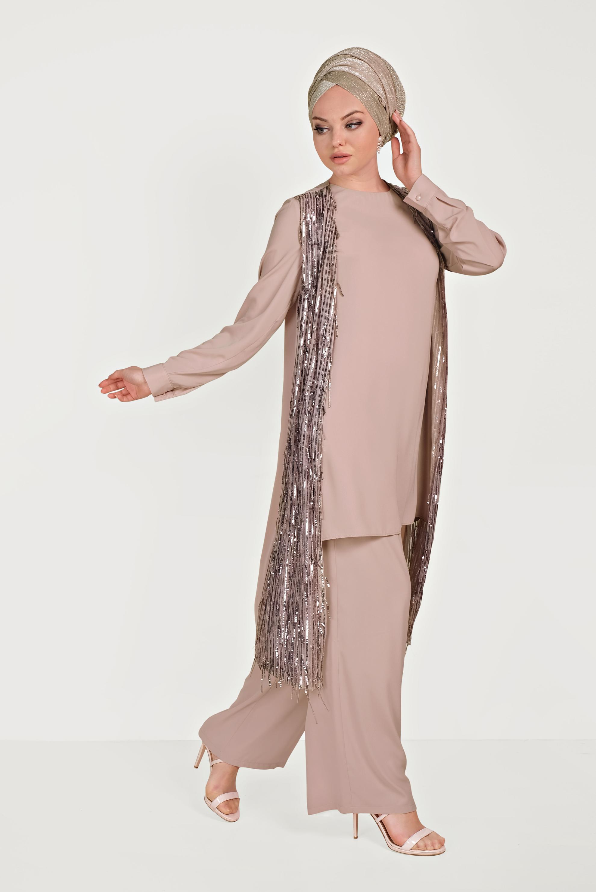 Tesettür giyim PUDRA PUL PAYETLİ ÜÇLÜ PANTOLONLU TAKIM 3564