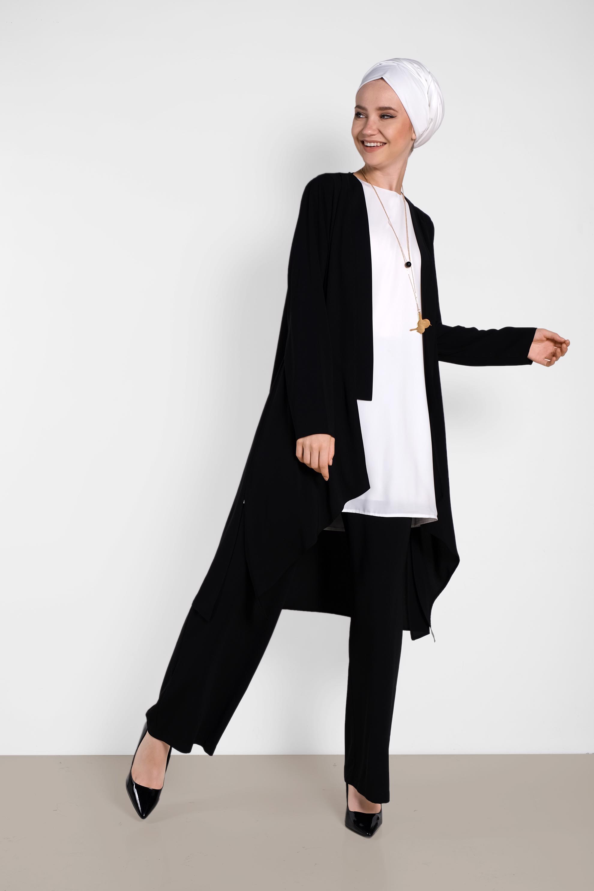 Tesettür giyim SİYAH SALAŞ MODEL ÜÇLÜ PANTOLONLU TAKIM 3565