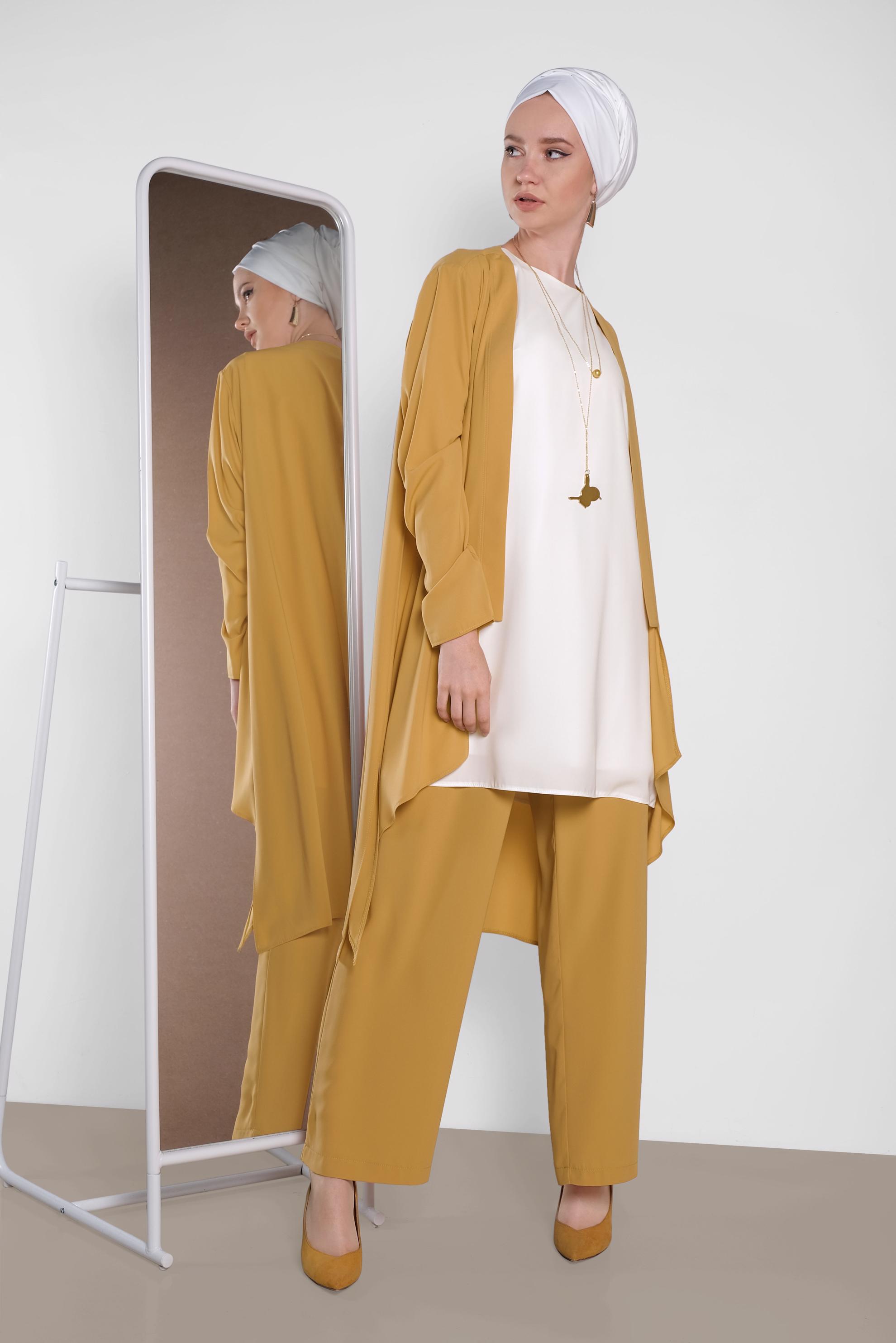 Tesettür giyim SARI SALAŞ MODEL ÜÇLÜ PANTOLONLU TAKIM 3565