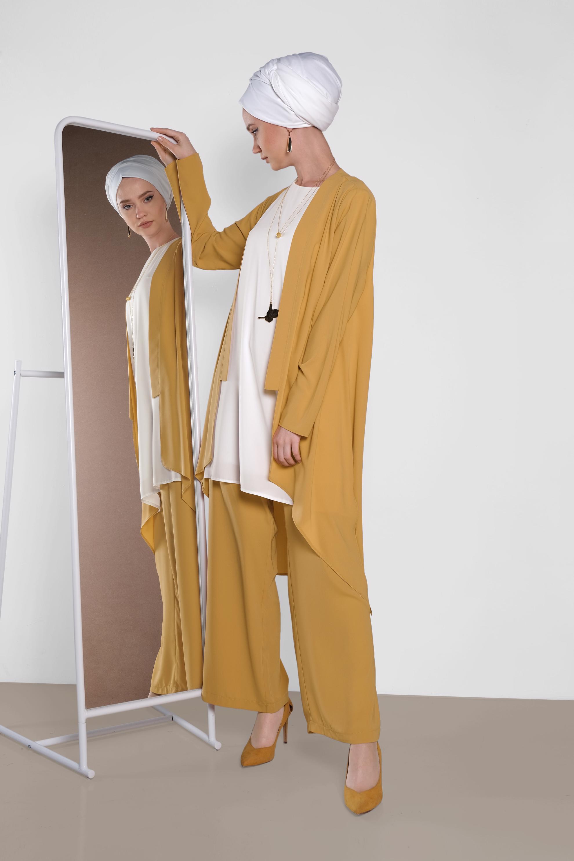 Tesettür giyim SARI SALAŞ MODEL ÜÇLÜ PANTOLONLU TAKIM 3565