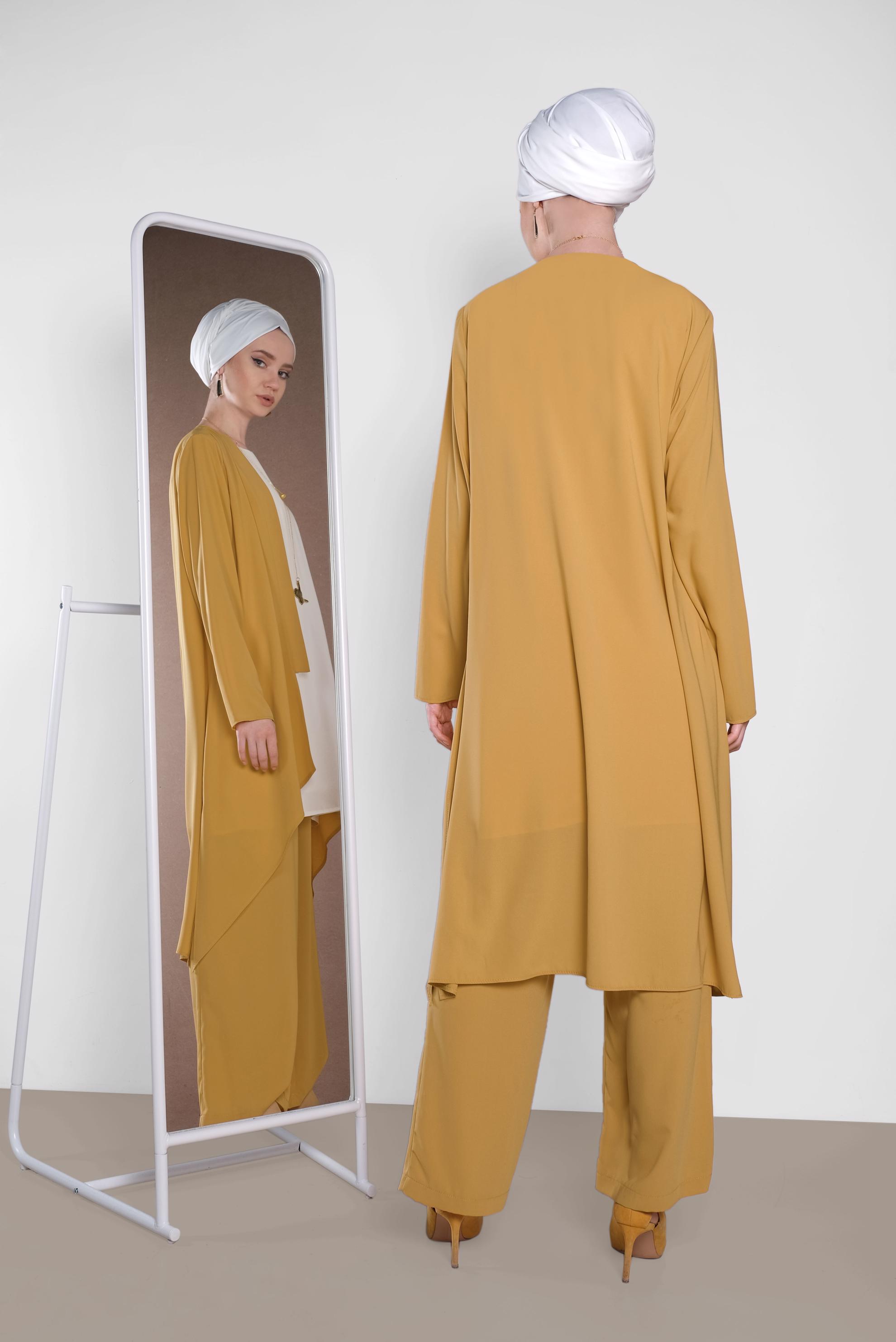 Tesettür giyim SARI SALAŞ MODEL ÜÇLÜ PANTOLONLU TAKIM 3565