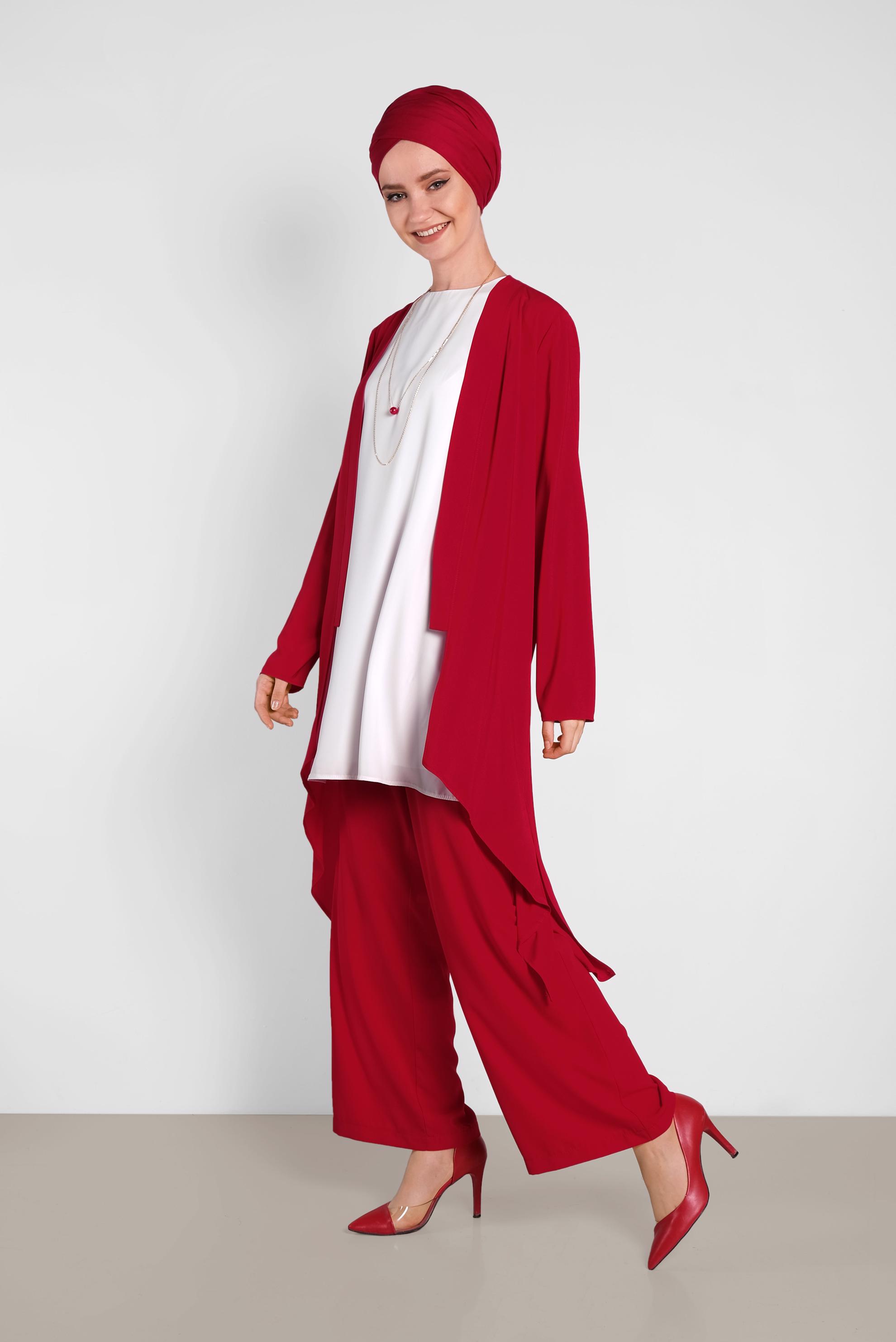Tesettür giyim KIRMIZI SALAŞ MODEL ÜÇLÜ PANTOLONLU TAKIM 3565