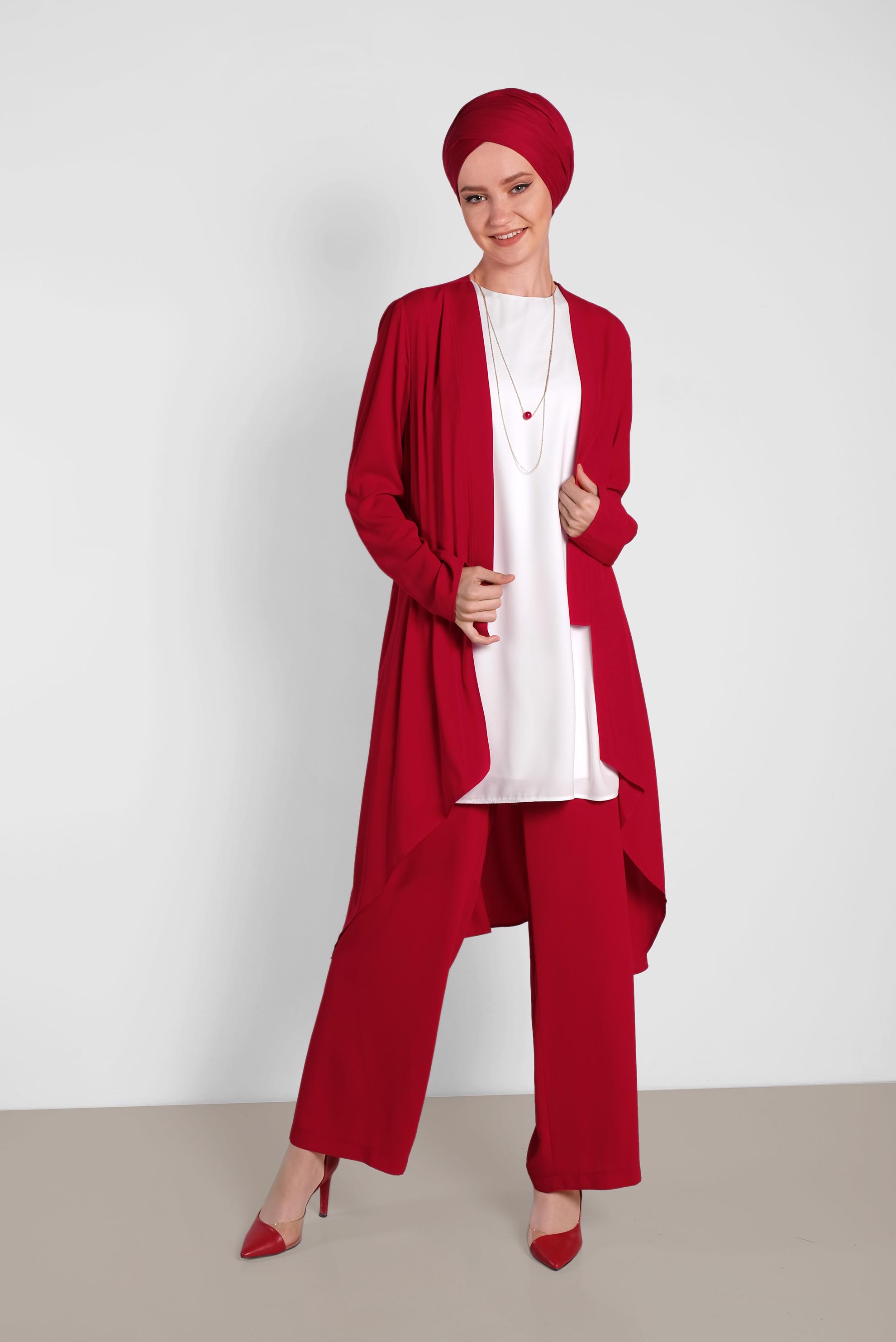 Tesettür giyim KIRMIZI SALAŞ MODEL ÜÇLÜ PANTOLONLU TAKIM 3565