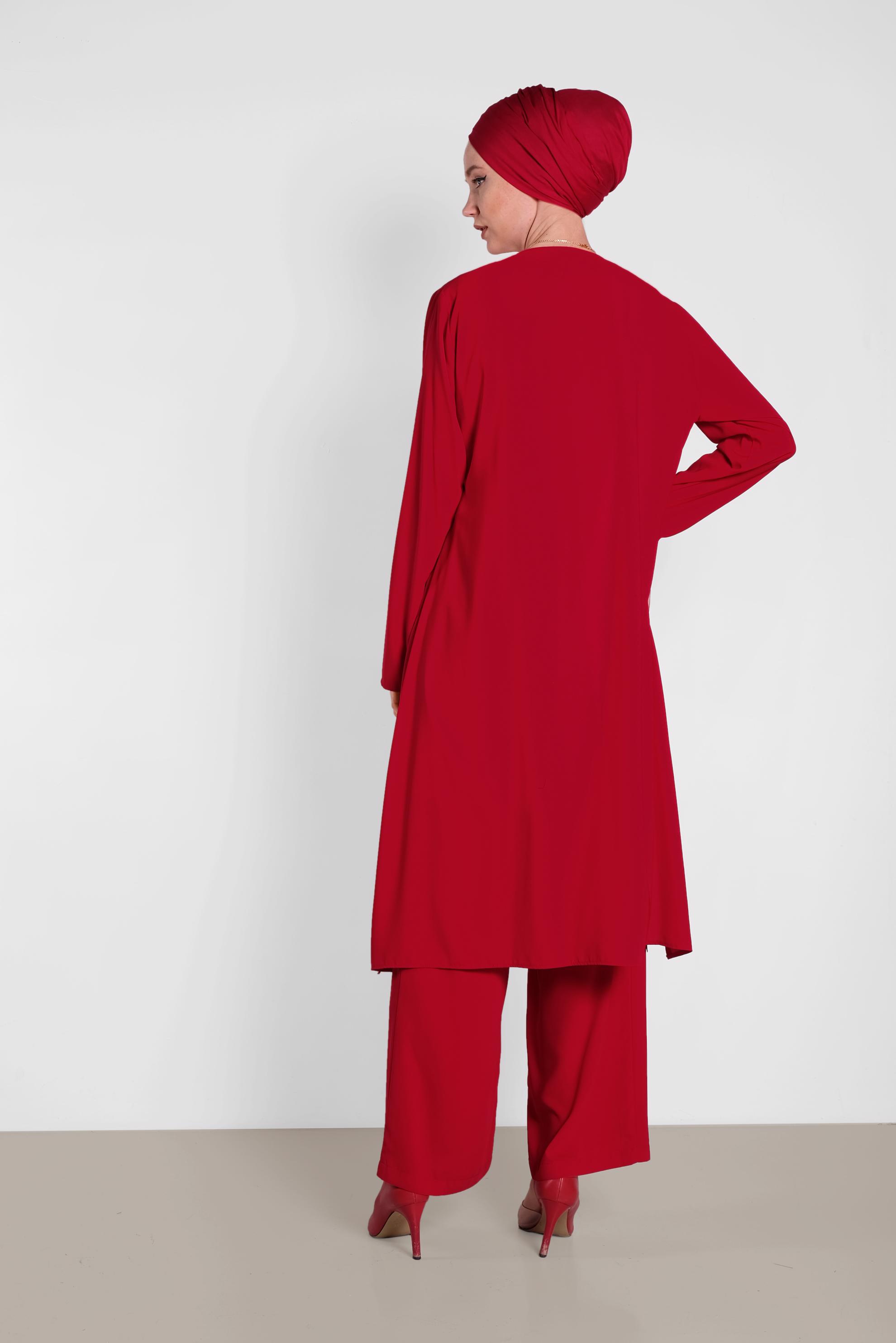 Tesettür giyim KIRMIZI SALAŞ MODEL ÜÇLÜ PANTOLONLU TAKIM 3565
