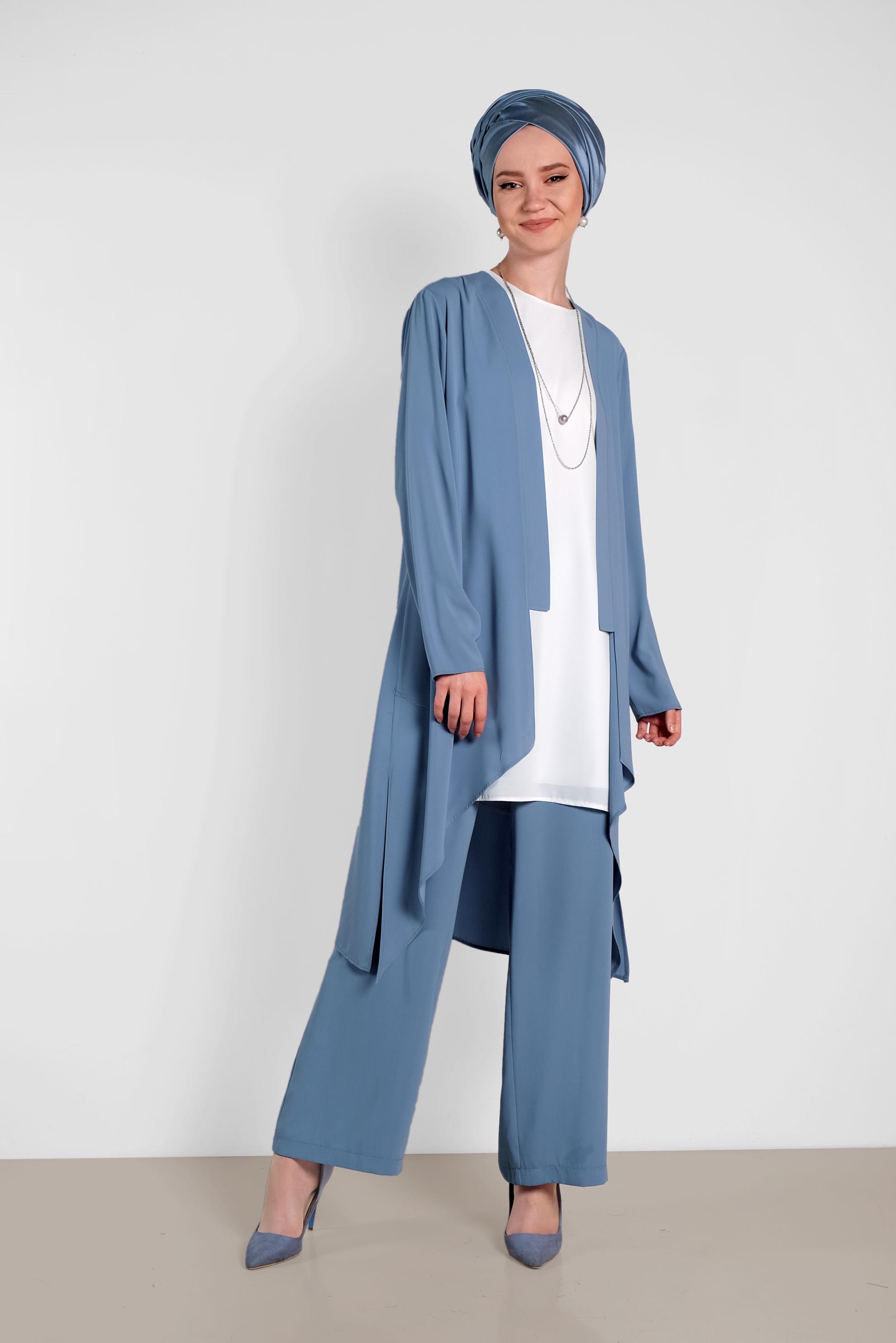 Tesettür giyim MAVİ SALAŞ MODEL ÜÇLÜ PANTOLONLU TAKIM 3565