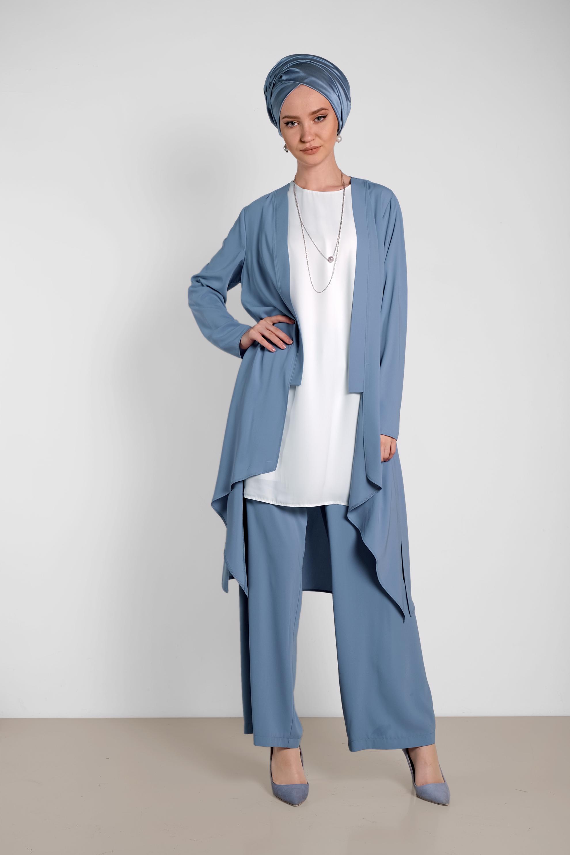 Tesettür giyim MAVİ SALAŞ MODEL ÜÇLÜ PANTOLONLU TAKIM 3565