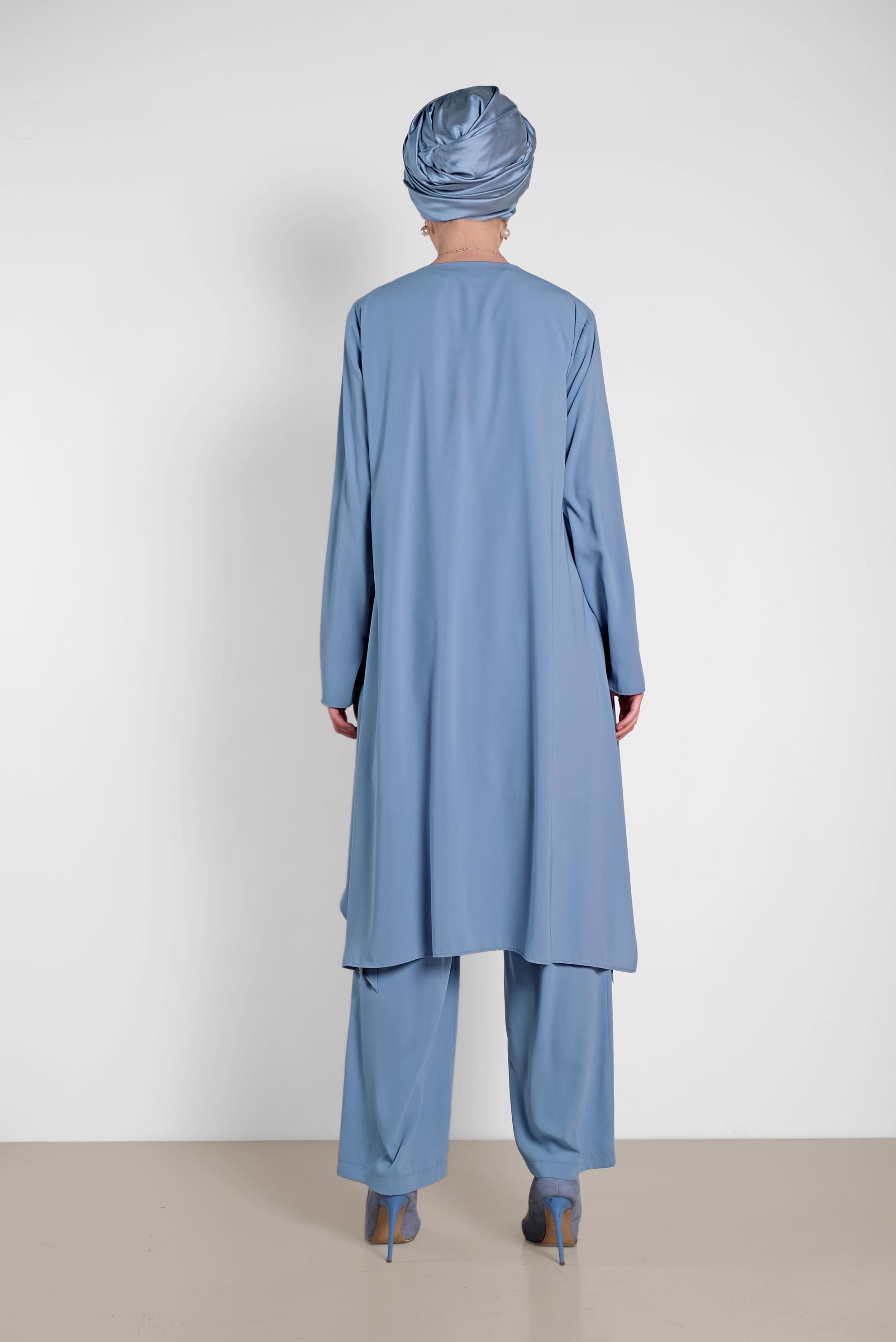 Tesettür giyim MAVİ SALAŞ MODEL ÜÇLÜ PANTOLONLU TAKIM 3565