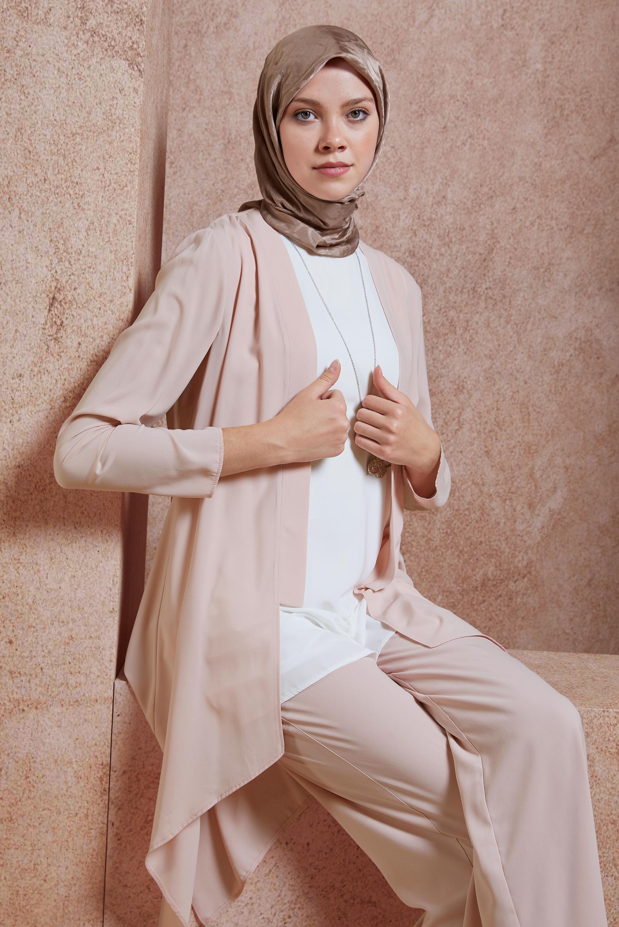 Tesettür giyim PUDRA SALAŞ MODEL ÜÇLÜ PANTOLONLU TAKIM 3565