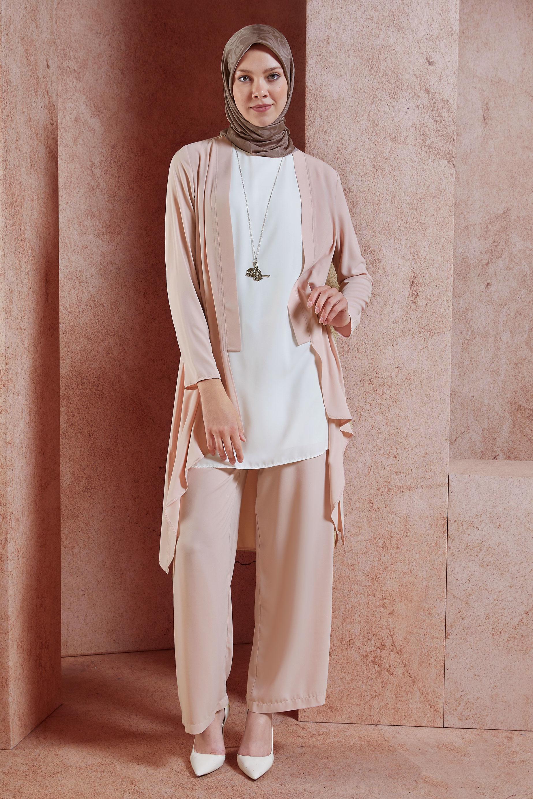 Tesettür giyim PUDRA SALAŞ MODEL ÜÇLÜ PANTOLONLU TAKIM 3565