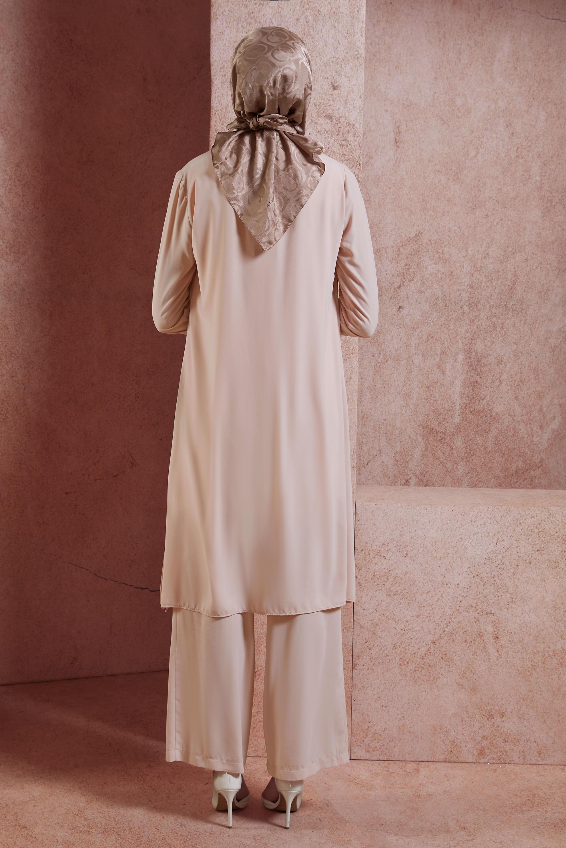 Tesettür giyim PUDRA SALAŞ MODEL ÜÇLÜ PANTOLONLU TAKIM 3565