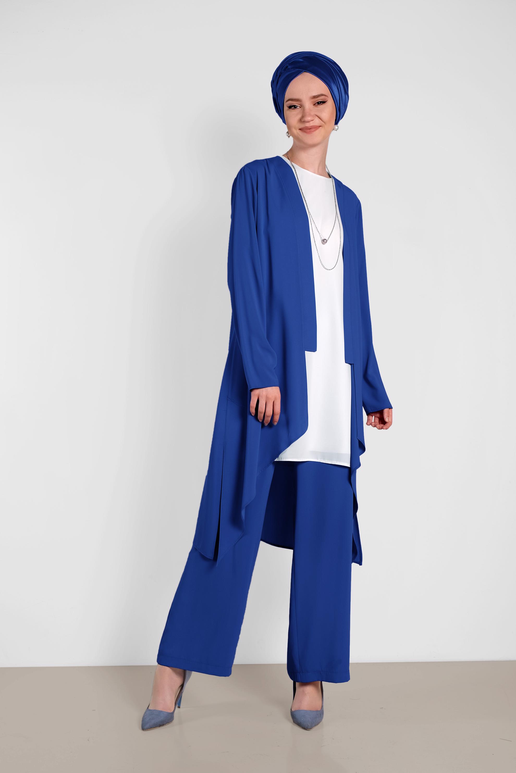 Tesettür giyim MAVİ SALAŞ MODEL ÜÇLÜ PANTOLONLU TAKIM 3565