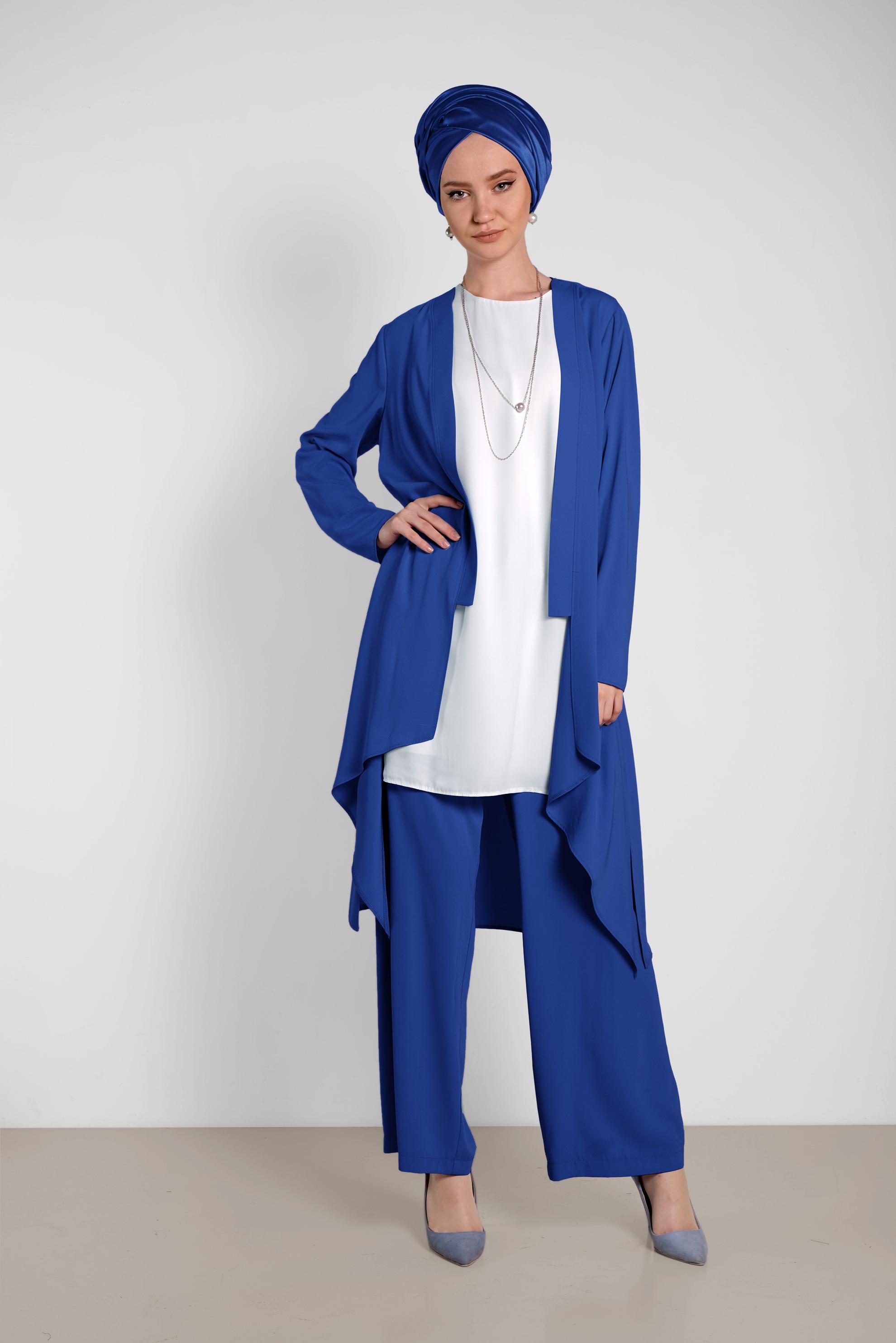 Tesettür giyim MAVİ SALAŞ MODEL ÜÇLÜ PANTOLONLU TAKIM 3565