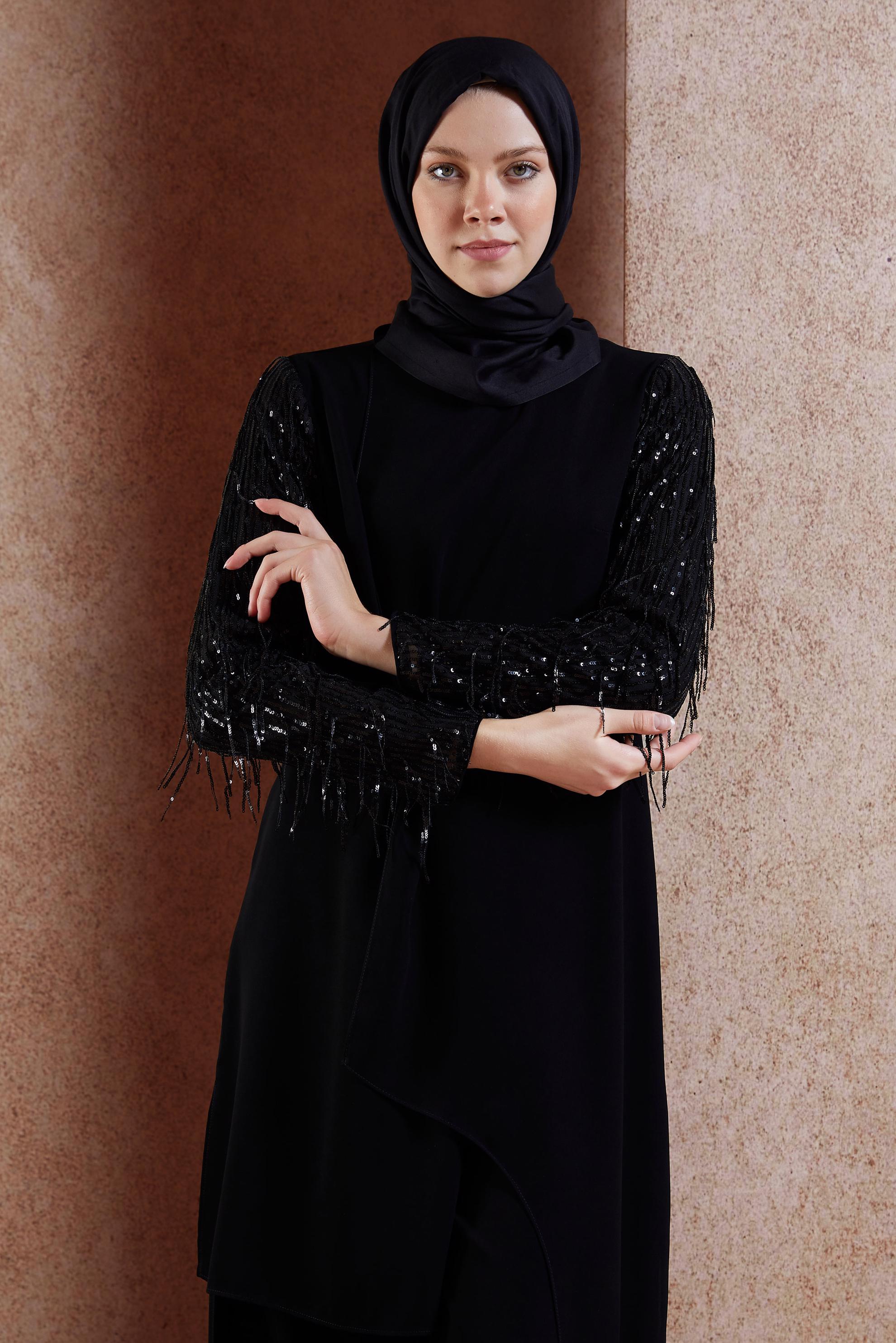 Tesettür giyim SİYAH PÜSKÜL DETAYLI PANTOLONLU TAKIM 3566