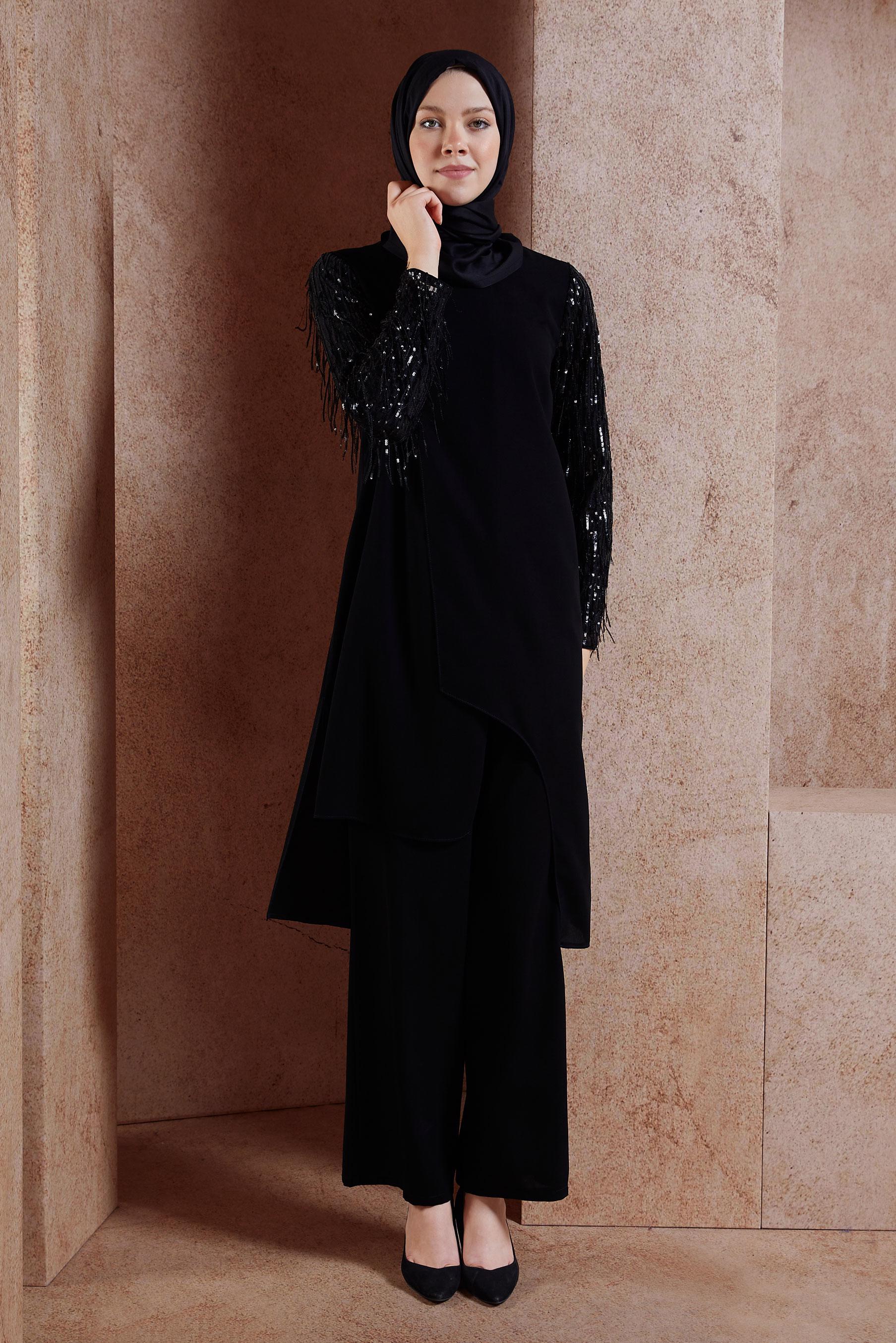 Tesettür giyim SİYAH PÜSKÜL DETAYLI PANTOLONLU TAKIM 3566