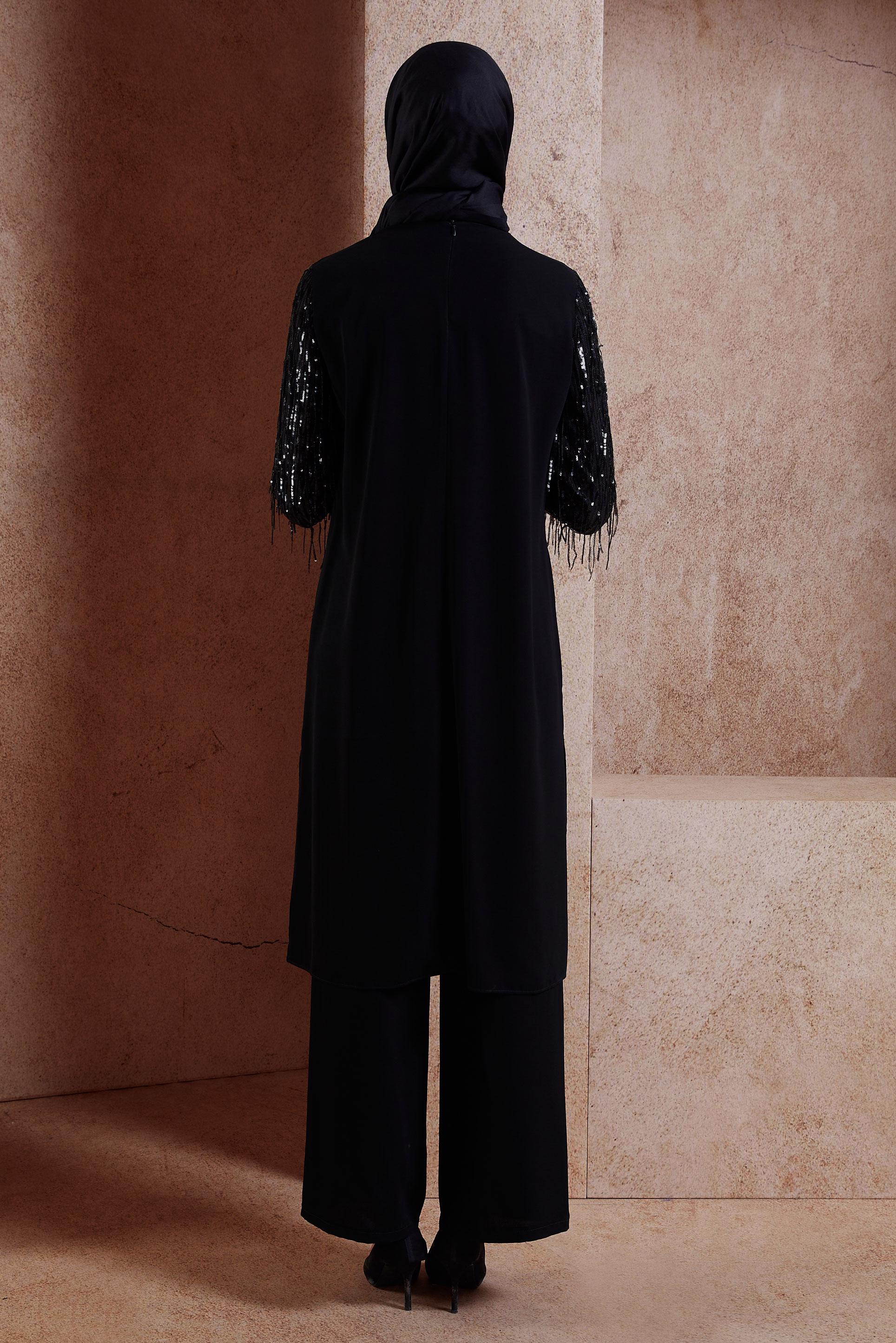 Tesettür giyim SİYAH PÜSKÜL DETAYLI PANTOLONLU TAKIM 3566