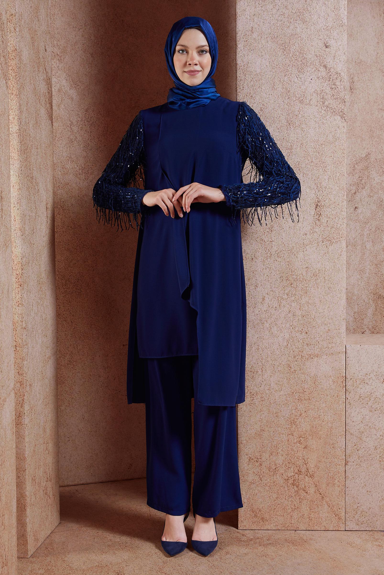 Tesettür giyim LACİVERT PÜSKÜL DETAYLI PANTOLONLU TAKIM 3566
