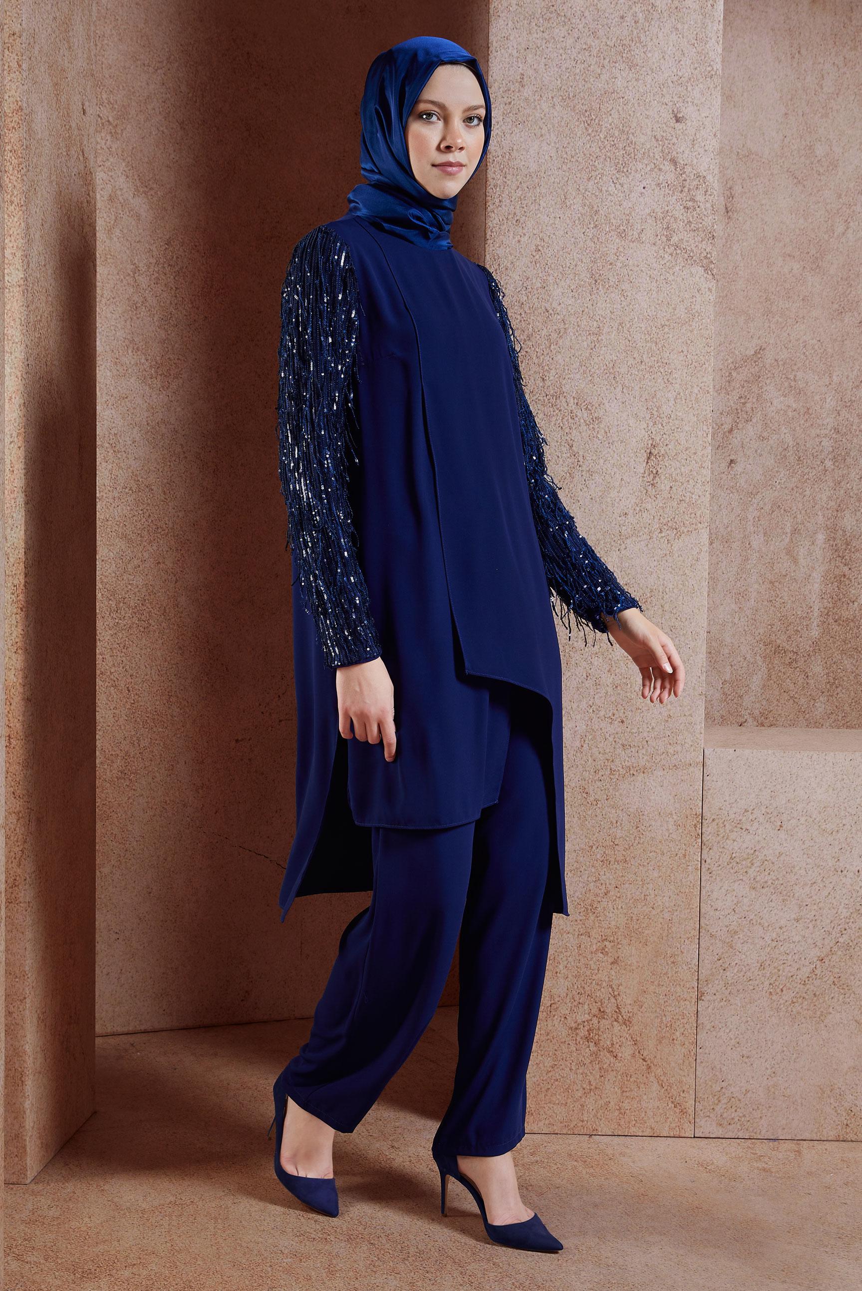 Tesettür giyim LACİVERT PÜSKÜL DETAYLI PANTOLONLU TAKIM 3566