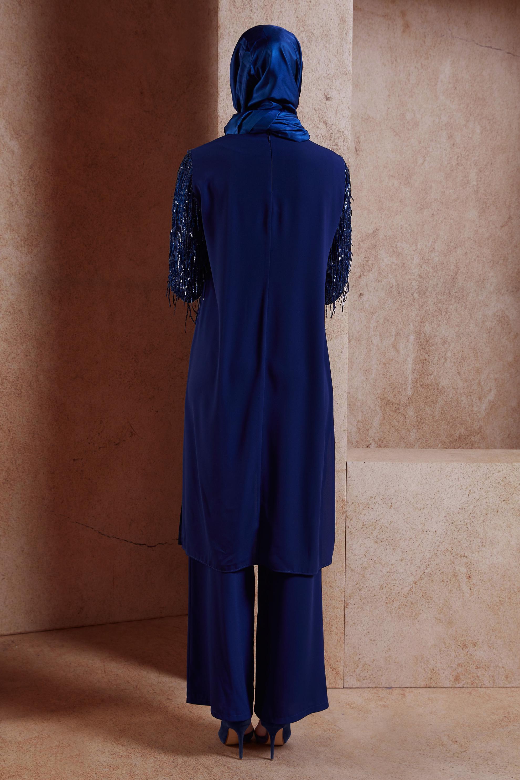 Tesettür giyim LACİVERT PÜSKÜL DETAYLI PANTOLONLU TAKIM 3566