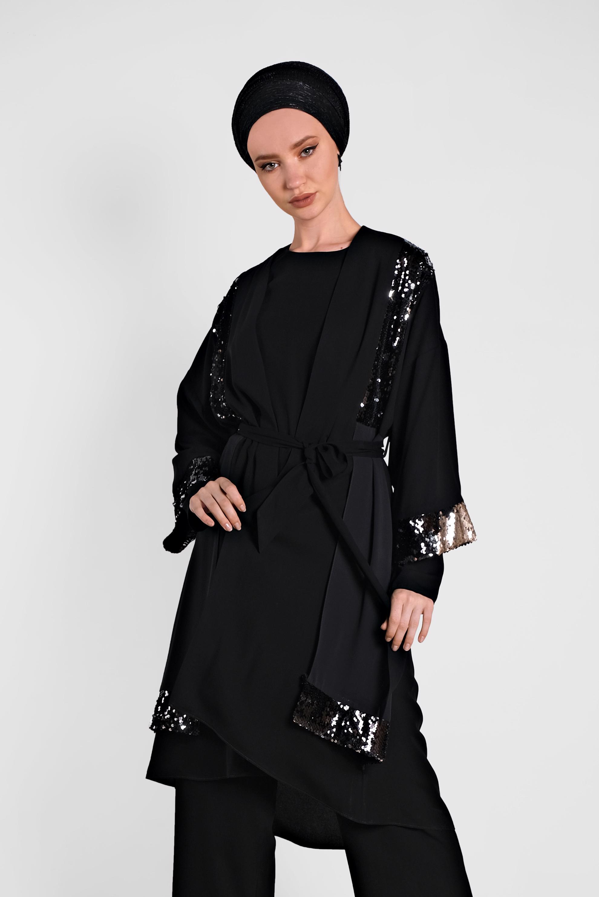 Tesettür giyim SİYAH PULLU PAYETLİ BAĞLAMALI ÜÇLÜ PANTOLONLU TAKIM 3570 