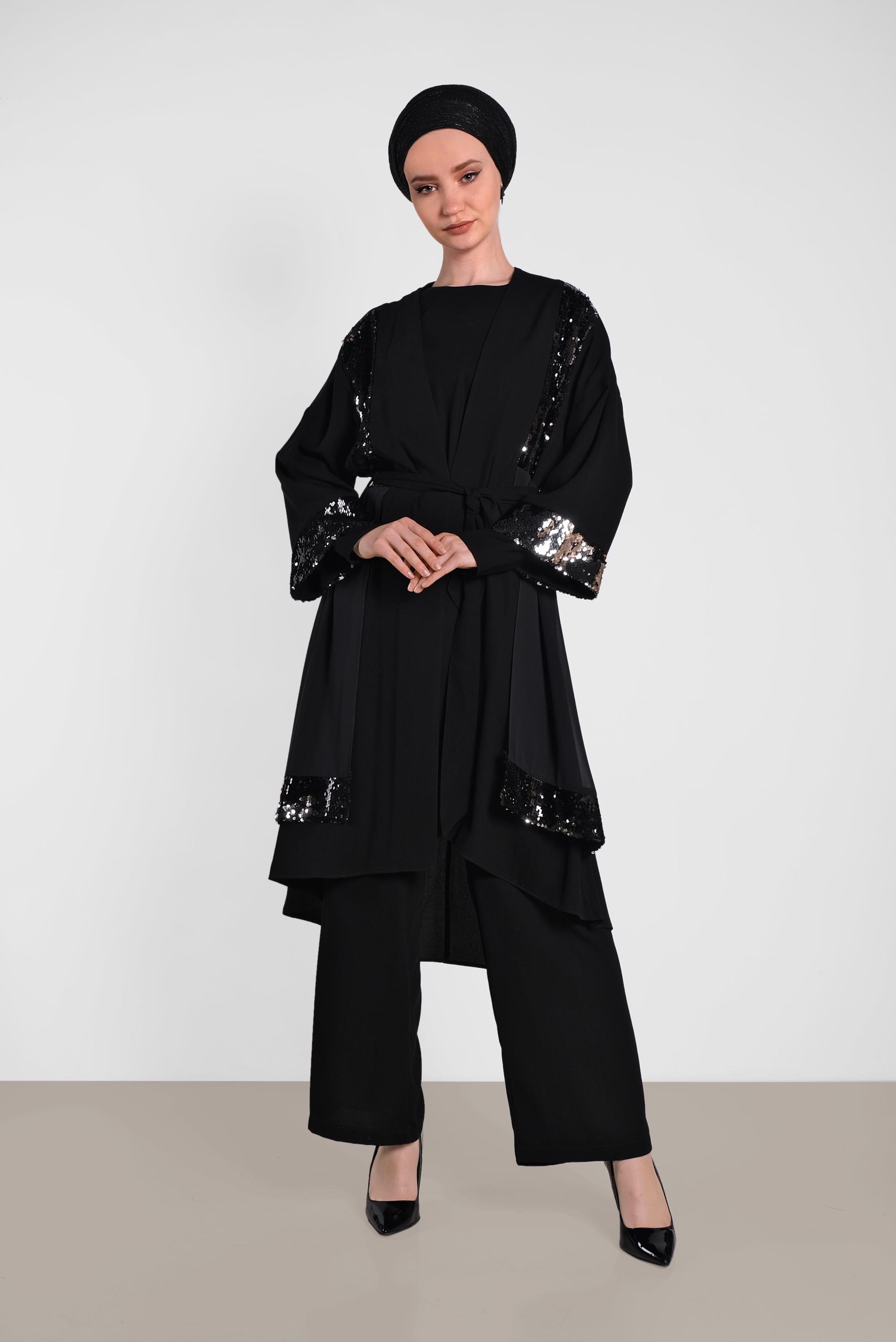 Tesettür giyim SİYAH PULLU PAYETLİ BAĞLAMALI ÜÇLÜ PANTOLONLU TAKIM 3570 