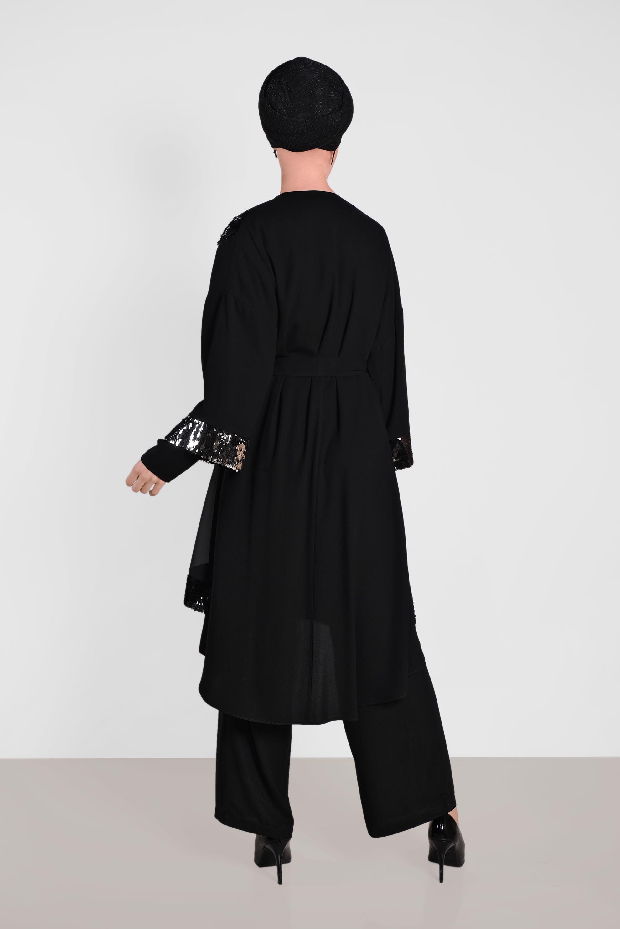 Tesettür giyim SİYAH PULLU PAYETLİ BAĞLAMALI ÜÇLÜ PANTOLONLU TAKIM 3570 