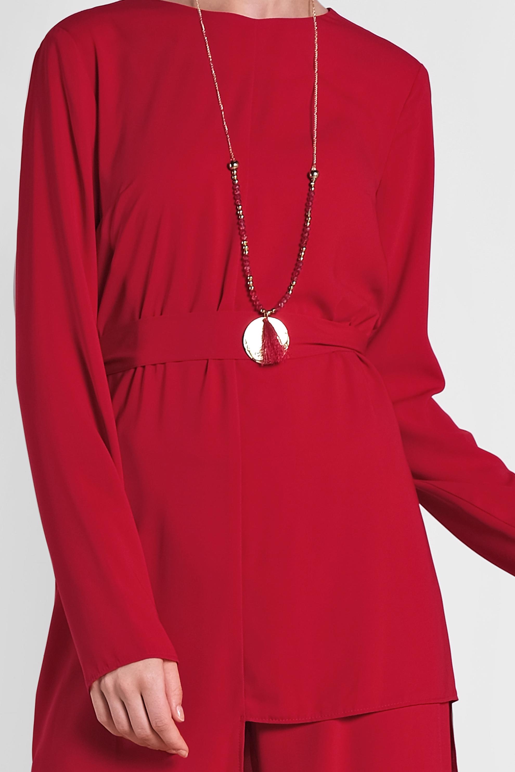 Tesettür giyim KIRMIZI ASİMETRİK KESİM PANTOLONLU TAKIM 3575